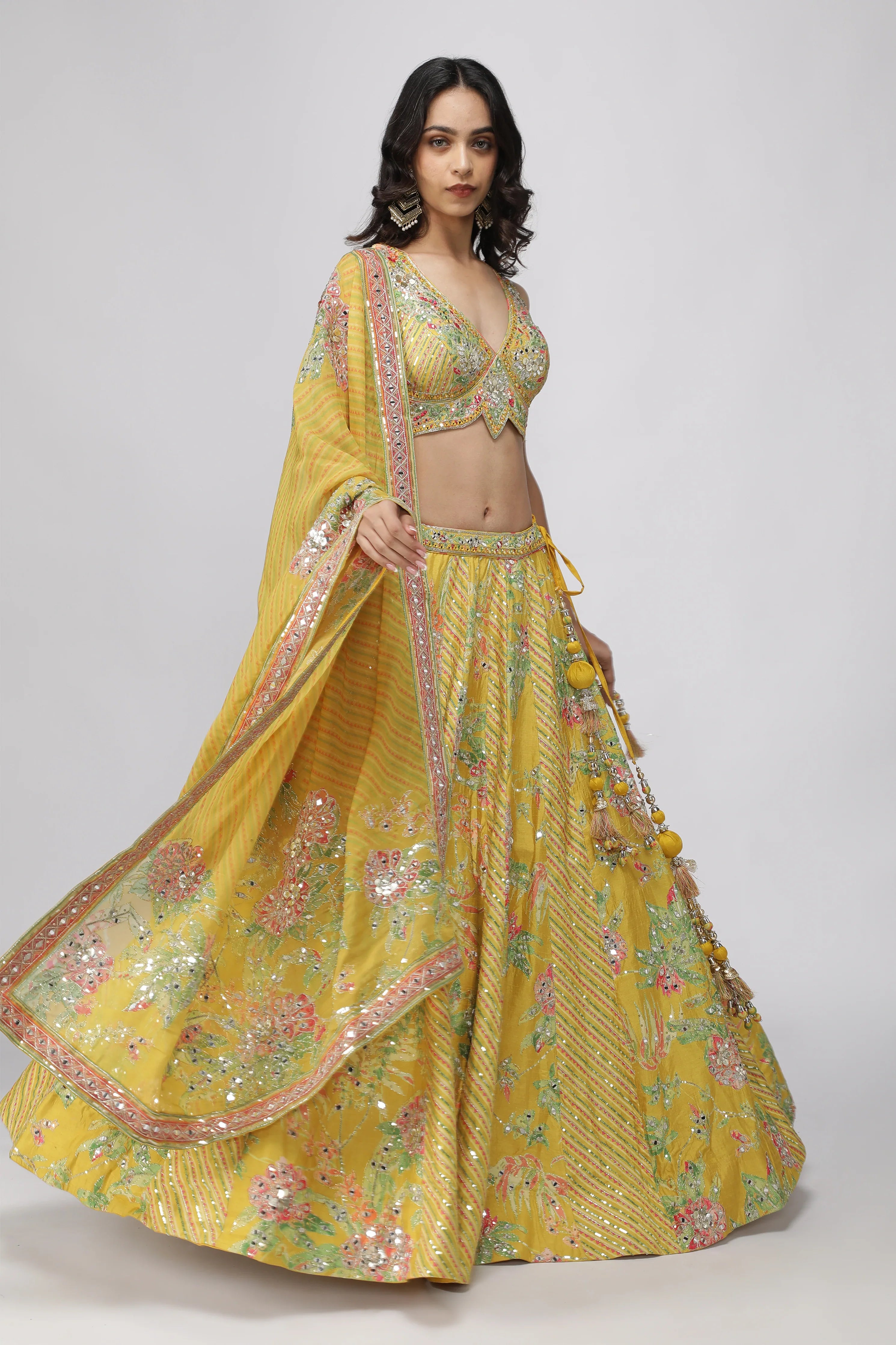 Yellow Silk Floral Printed Lehenga Set - Mokshaa