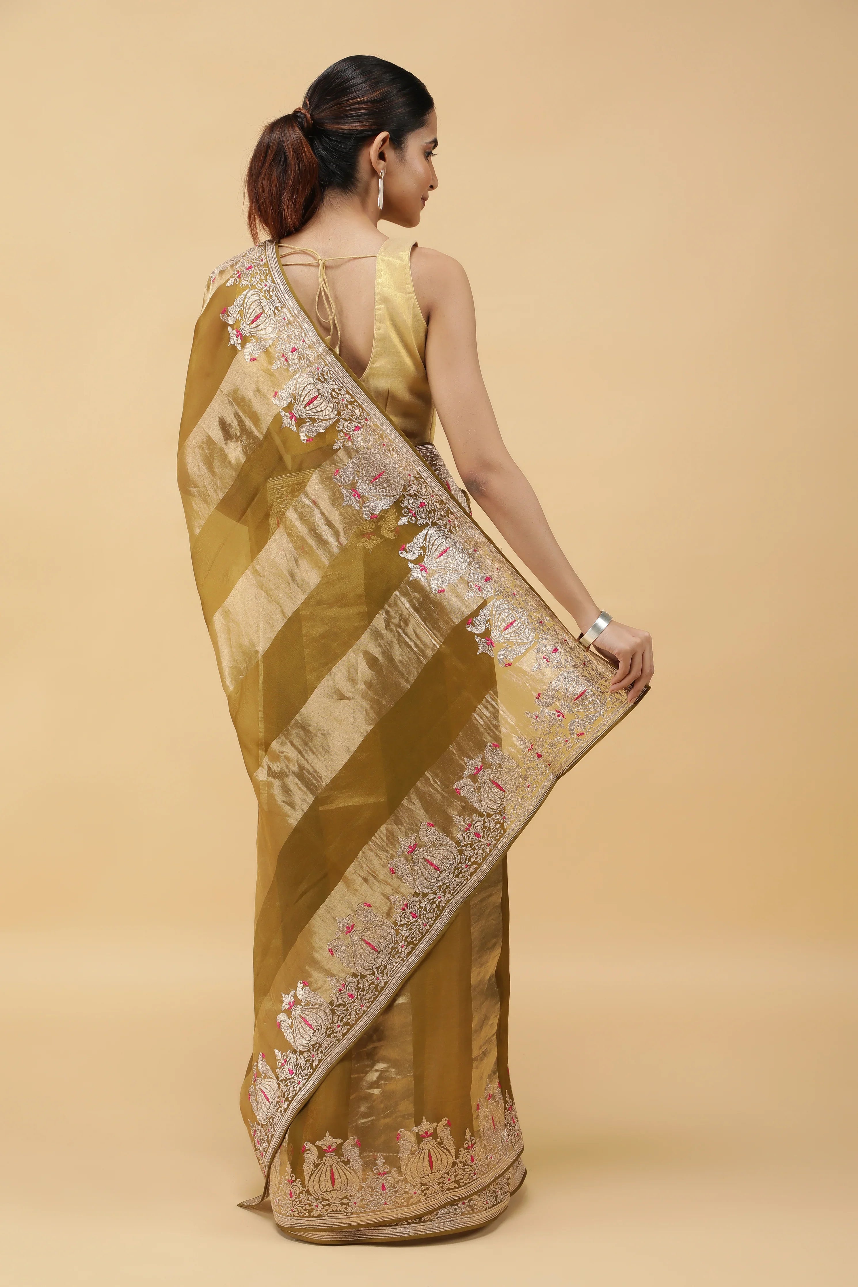 Golden Green Tissue Organza Saree with Meena Embroidery - Mokshaa