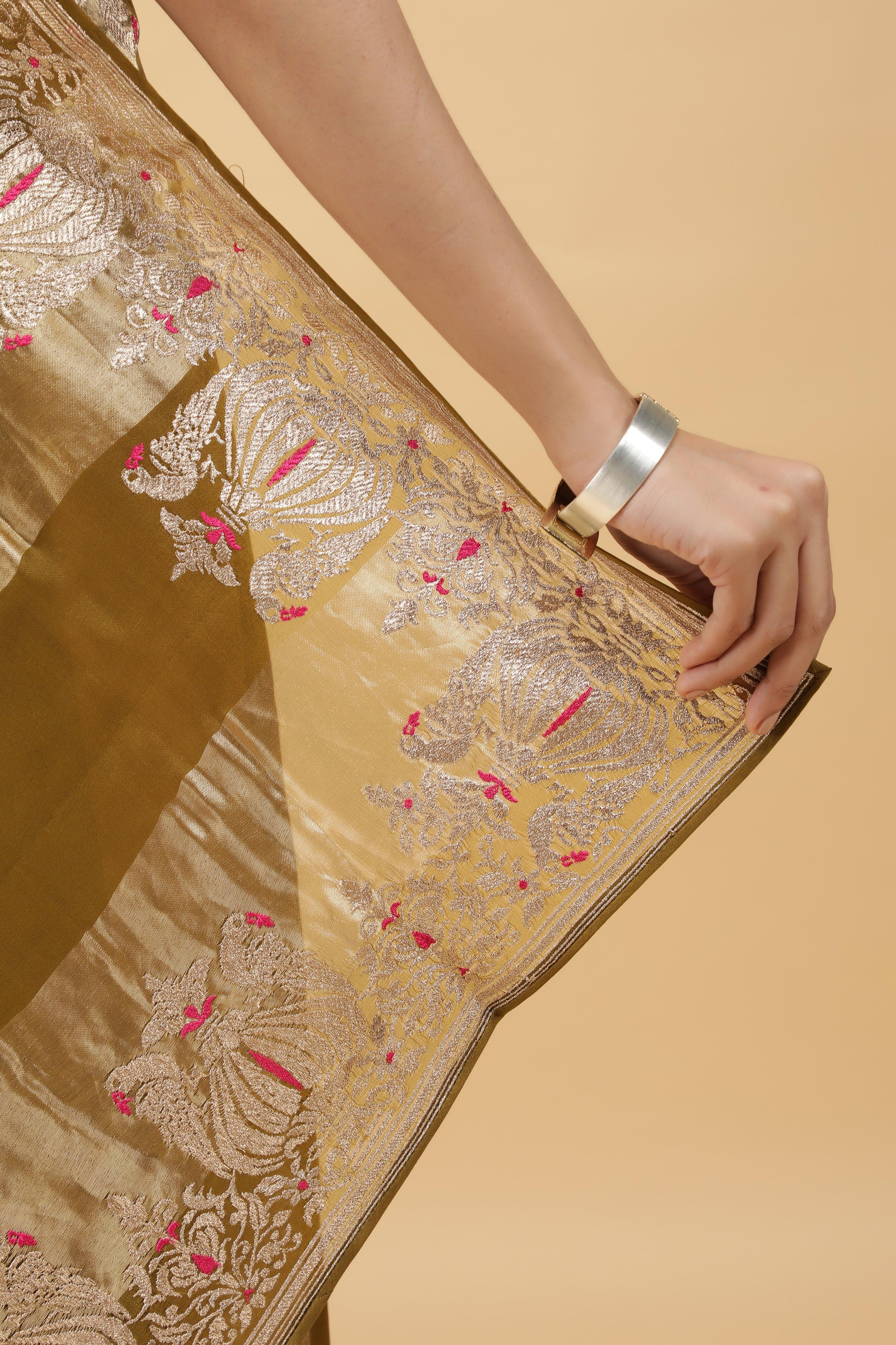 Golden Green Tissue Organza Saree with Meena Embroidery - Mokshaa