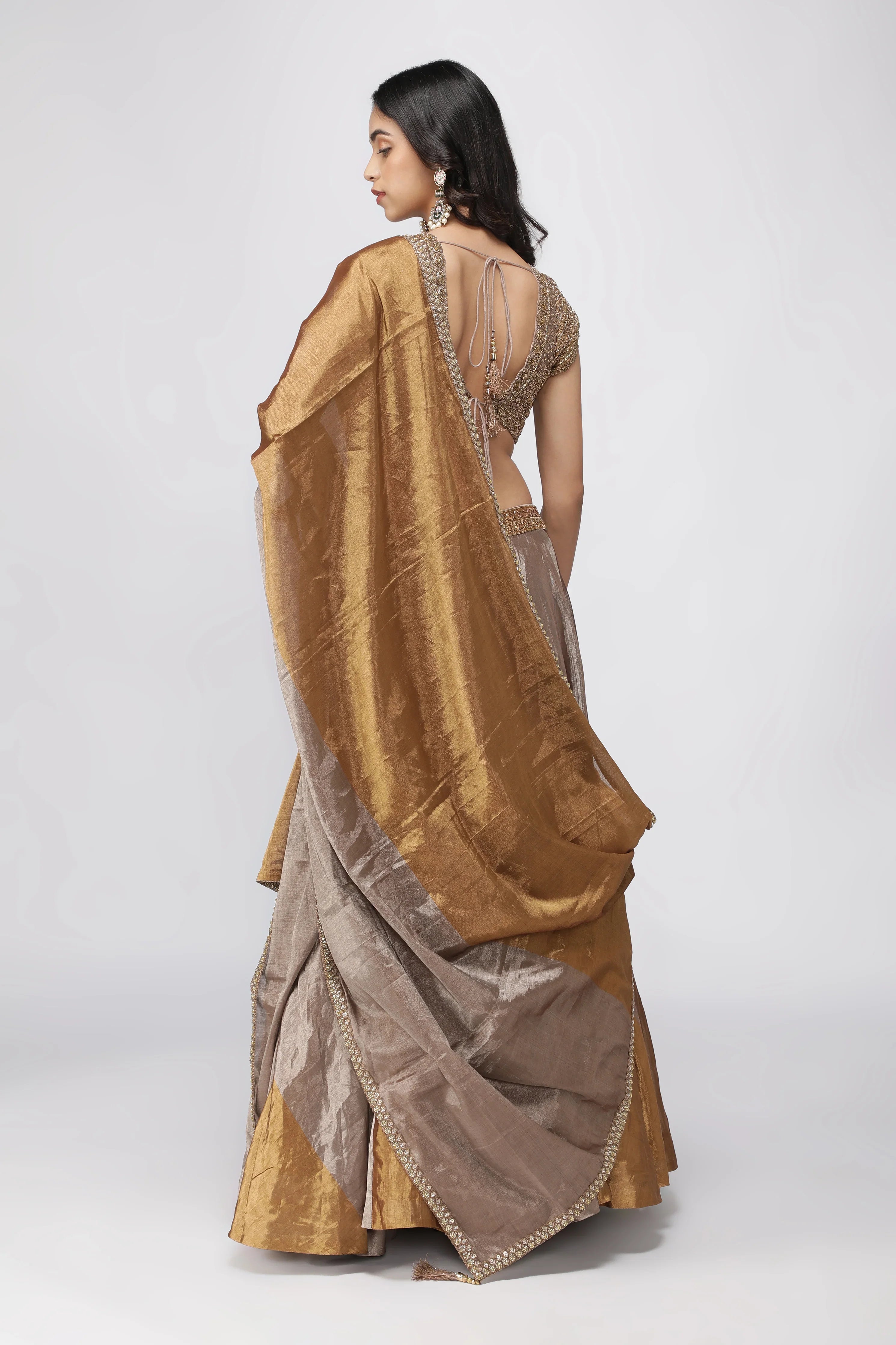 Gold & Silver Tissue Lehenga with Embroidered Blouse - Mokshaa