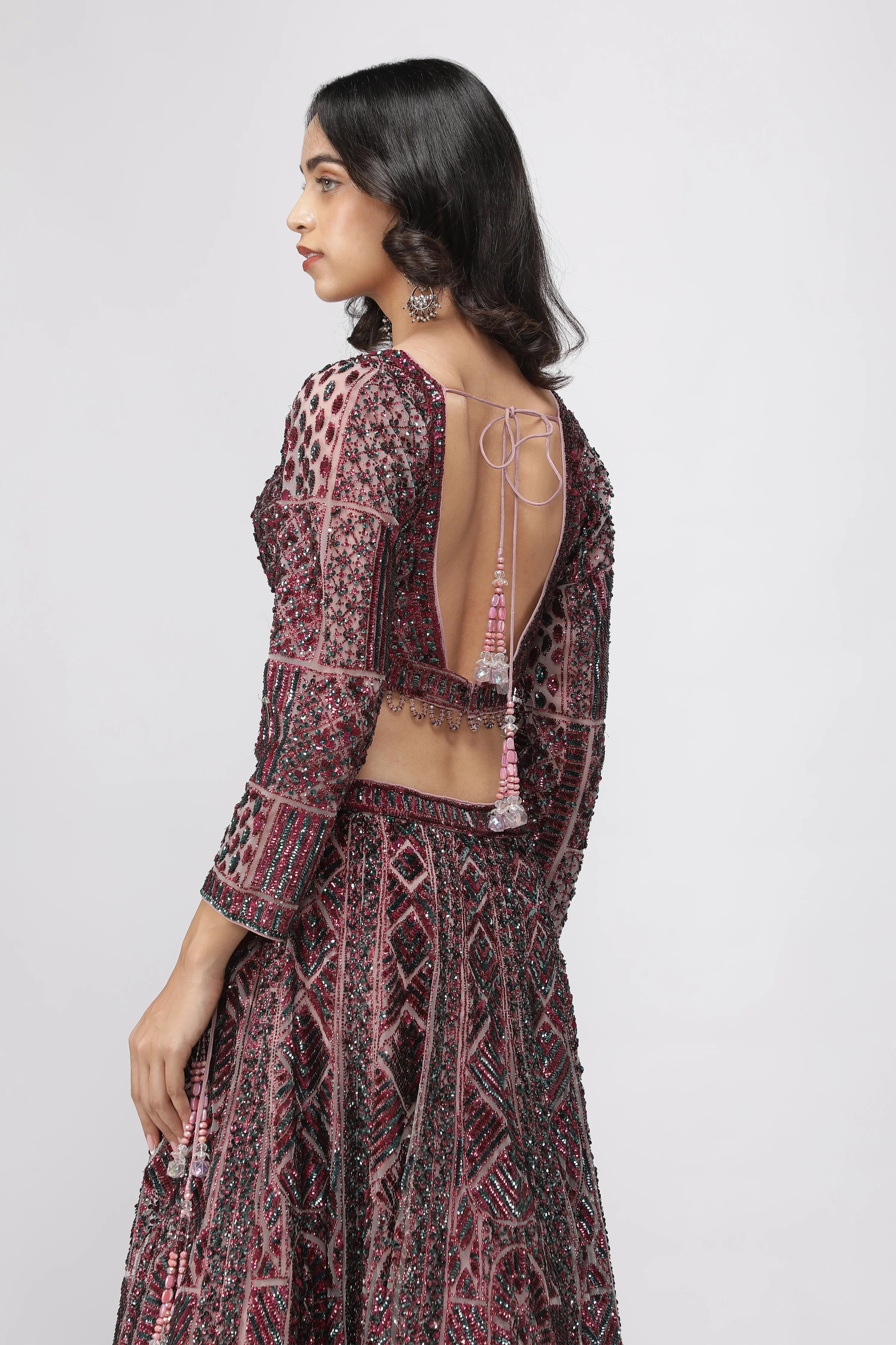 Berry Mauve Net Lehenga Set - Mokshaa