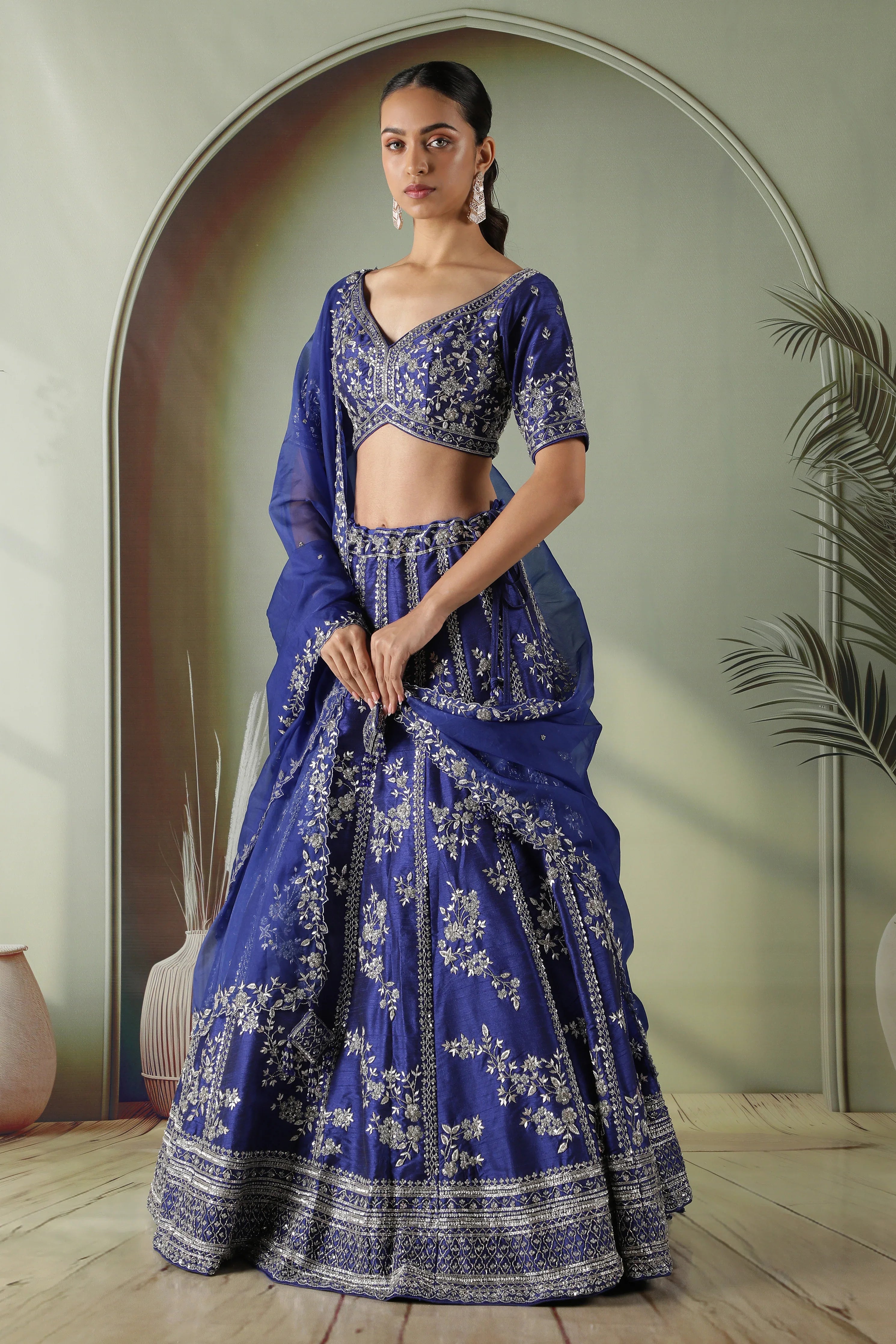 Royal Blue Raw Silk Lehenga set - Mokshaa