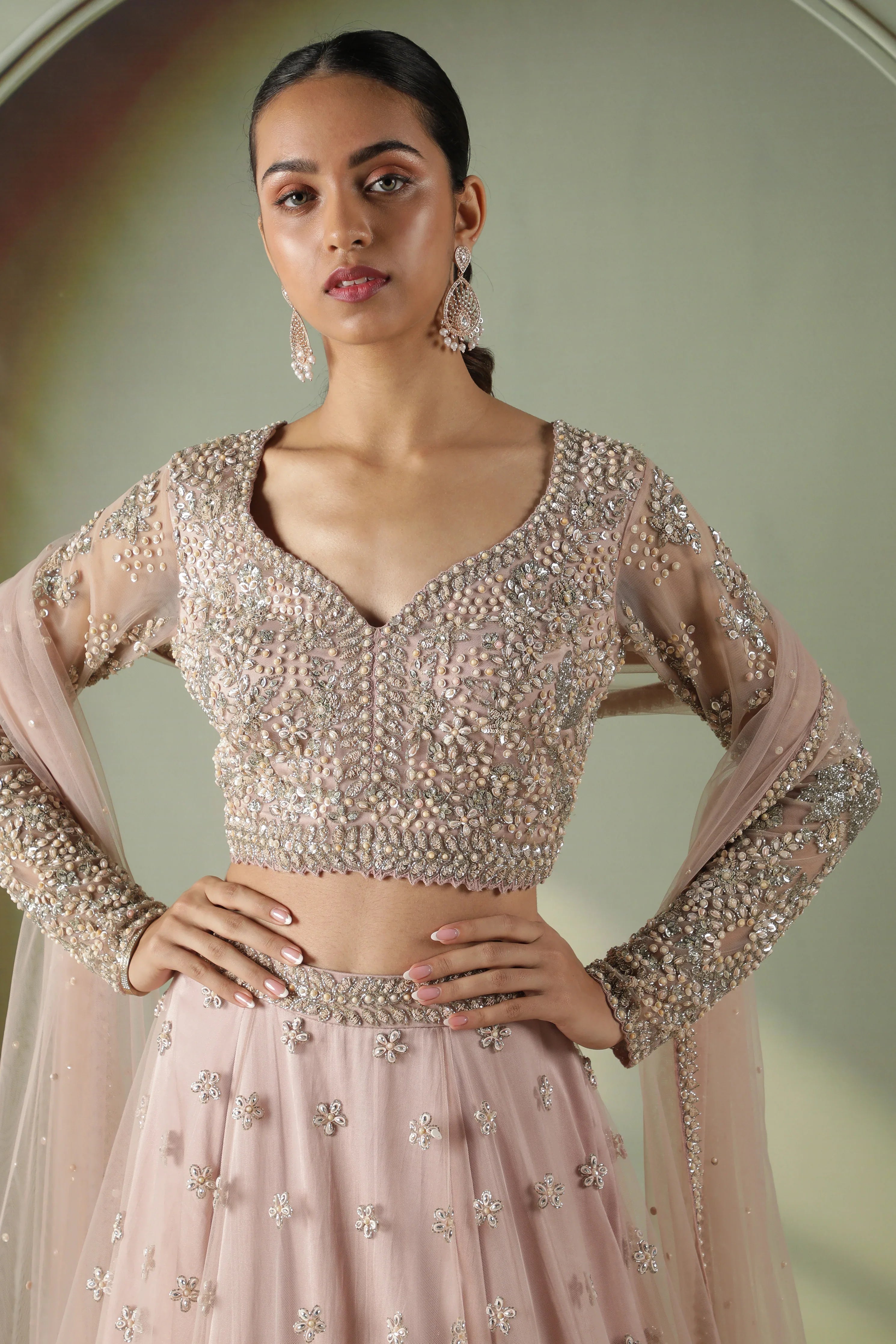 Dusty Rose Long-Sleeve Mirror & Pearl Embroidered Net Lehenga Set - Mokshaa