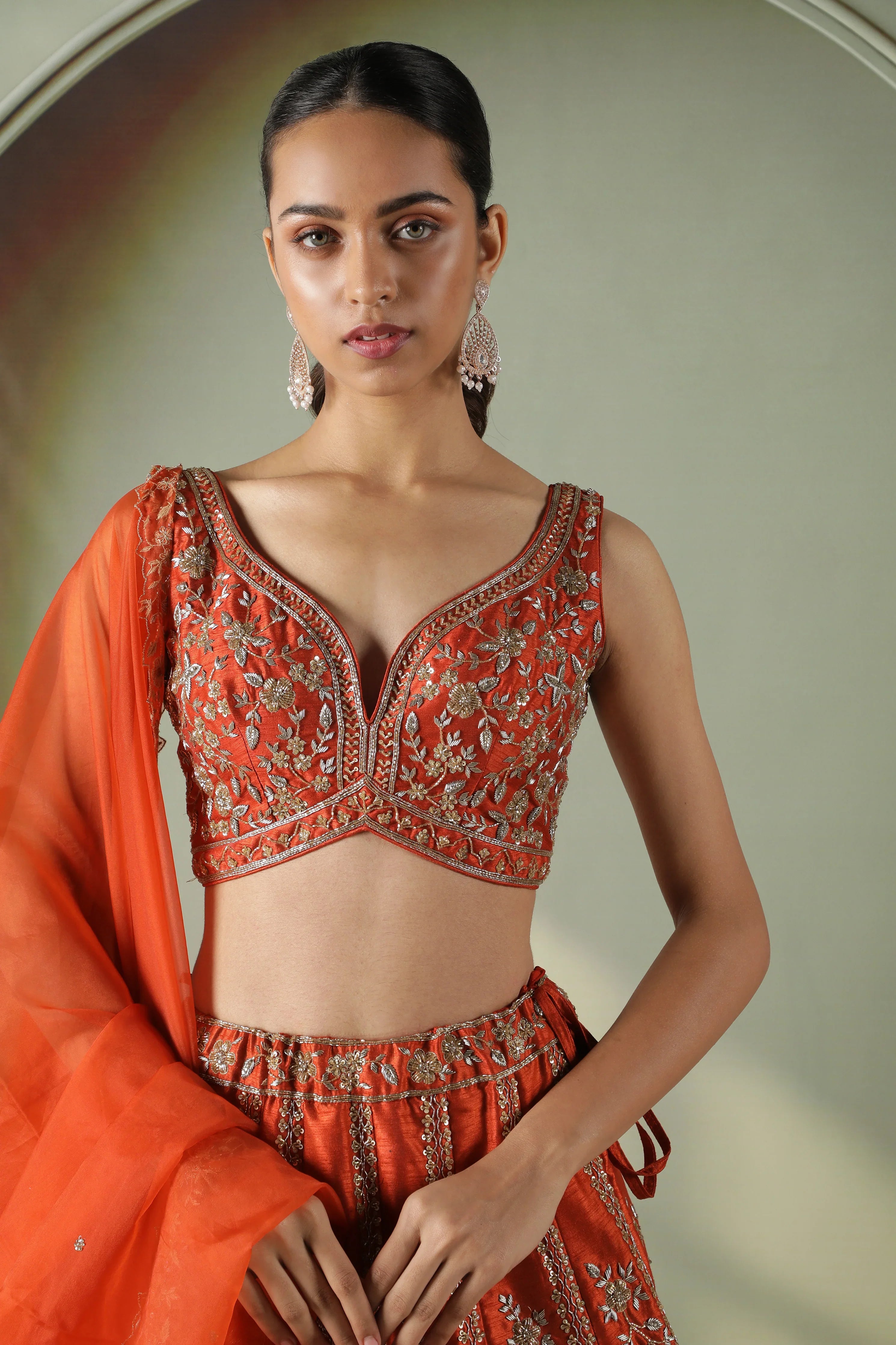 Rust Raw Silk Lehenga Set - Mokshaa