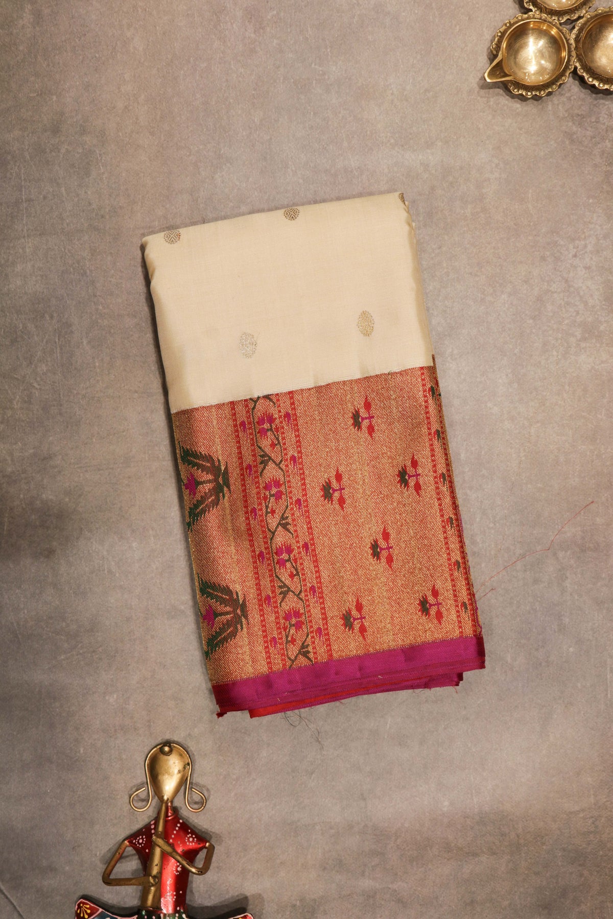 Cream Kanchivaram Silk Saree with Paithani Border - Mokshaa