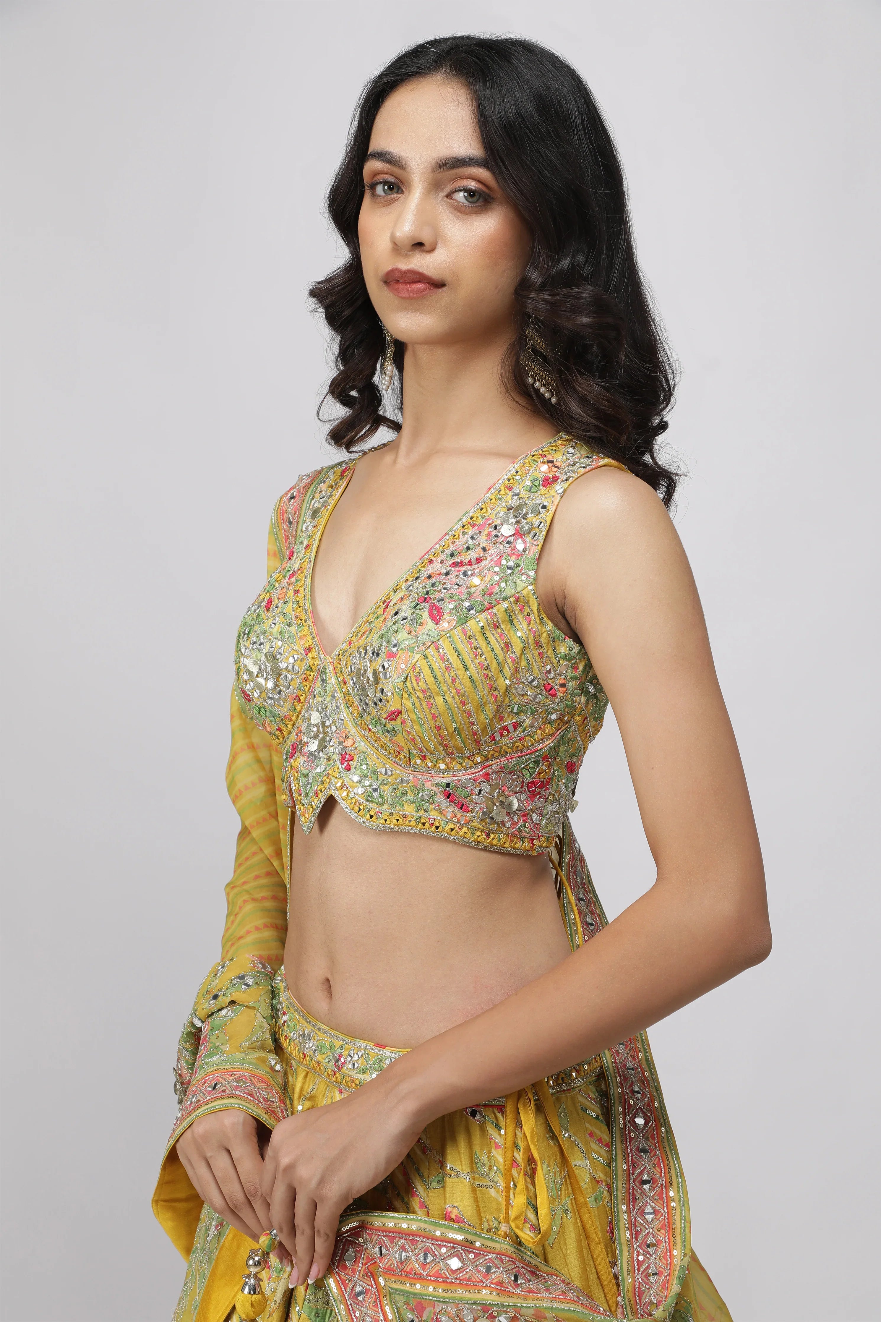 Yellow Silk Floral Printed Lehenga Set - Mokshaa