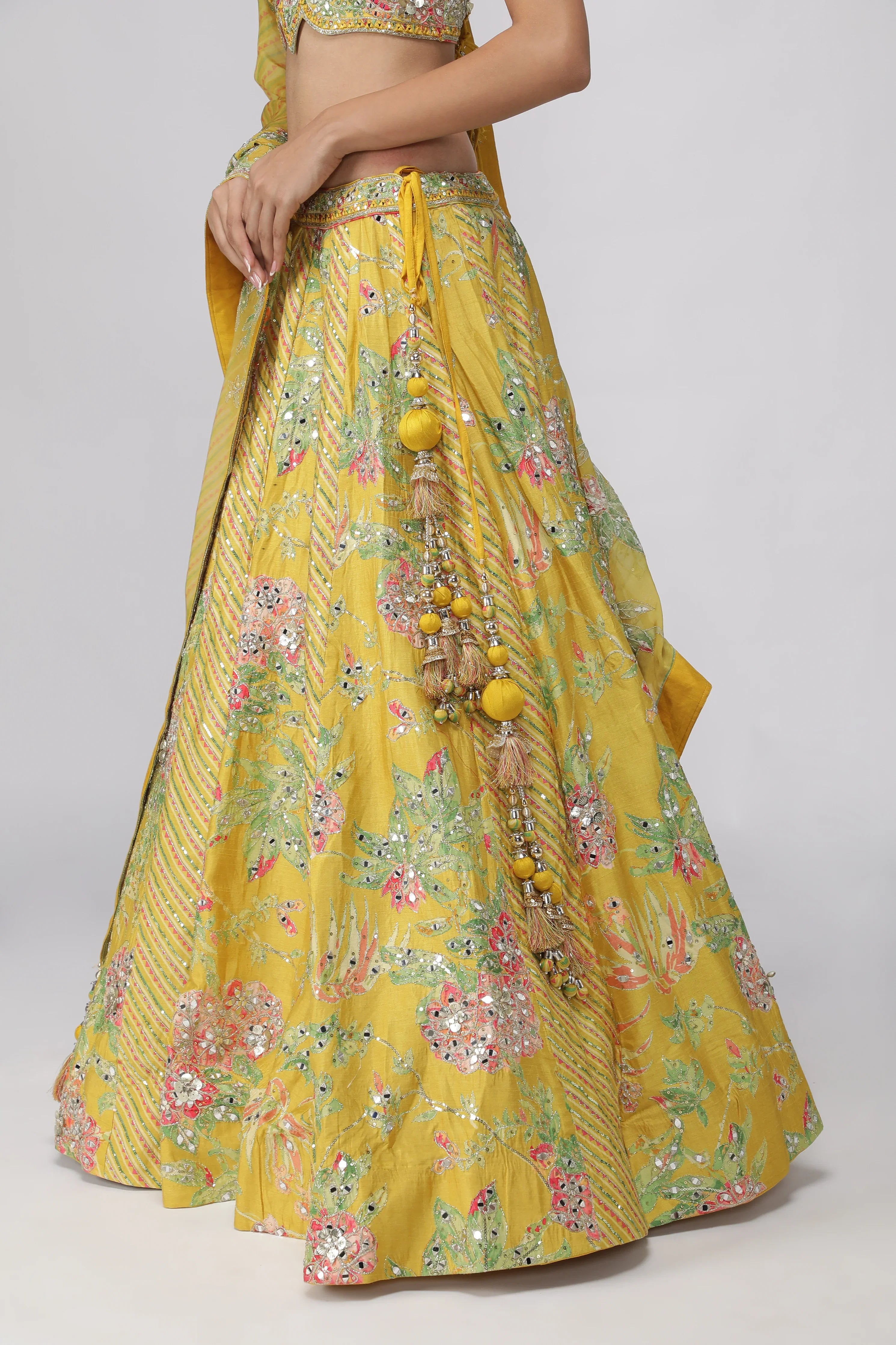 Yellow Silk Floral Printed Lehenga Set - Mokshaa