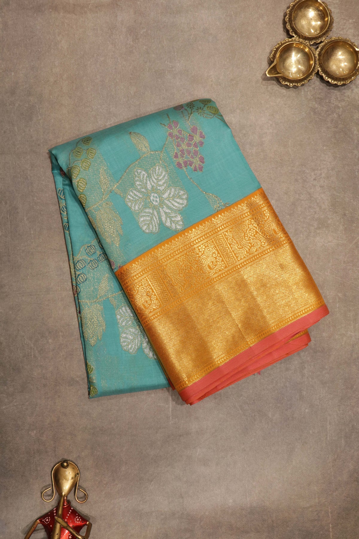 Light Blue Kanchivaram Kora Silk Saree - Mokshaa