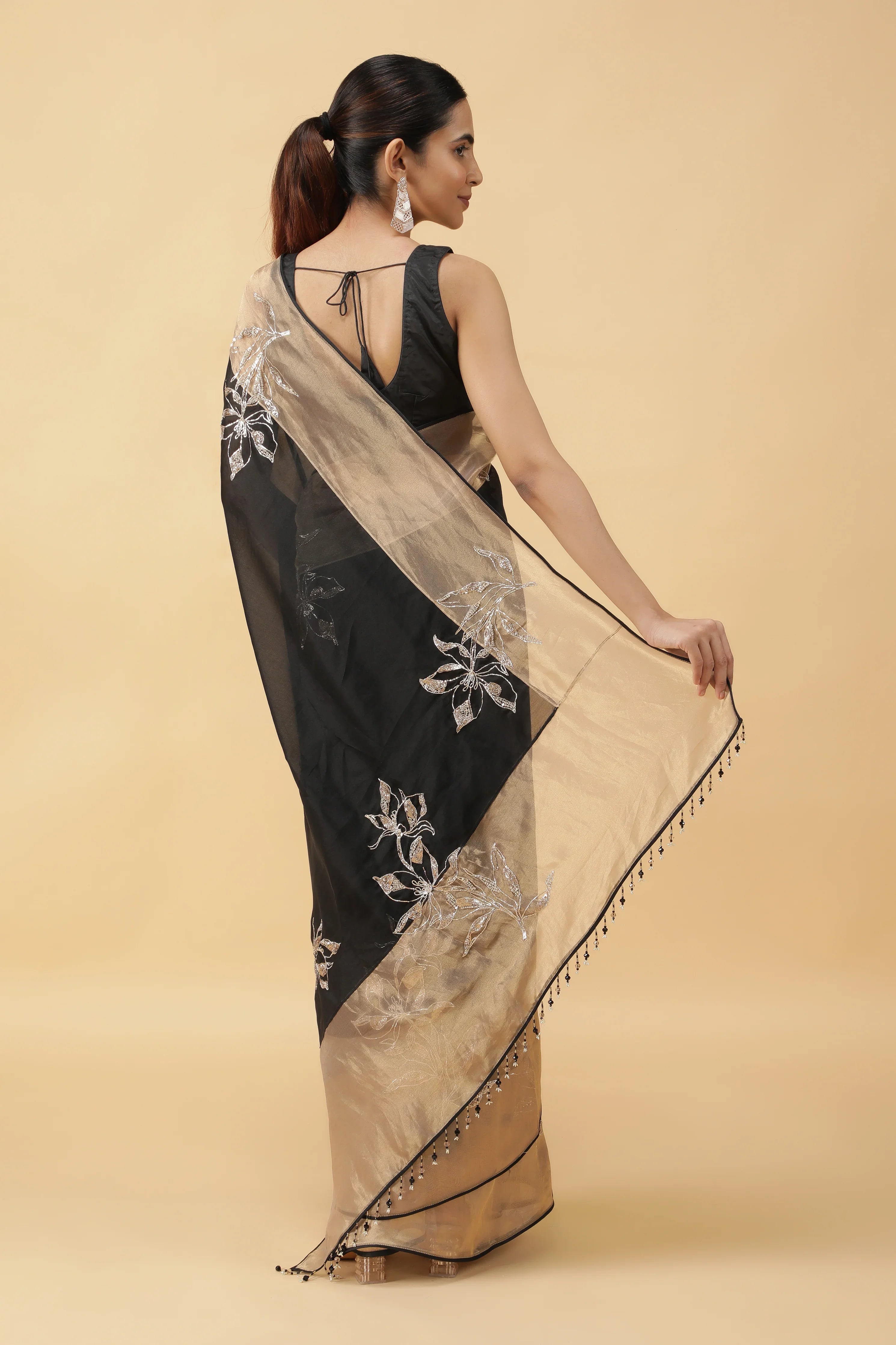 Black Organza Saree with Gold Tissue Border & Sequin Zari Motifs - Mokshaa