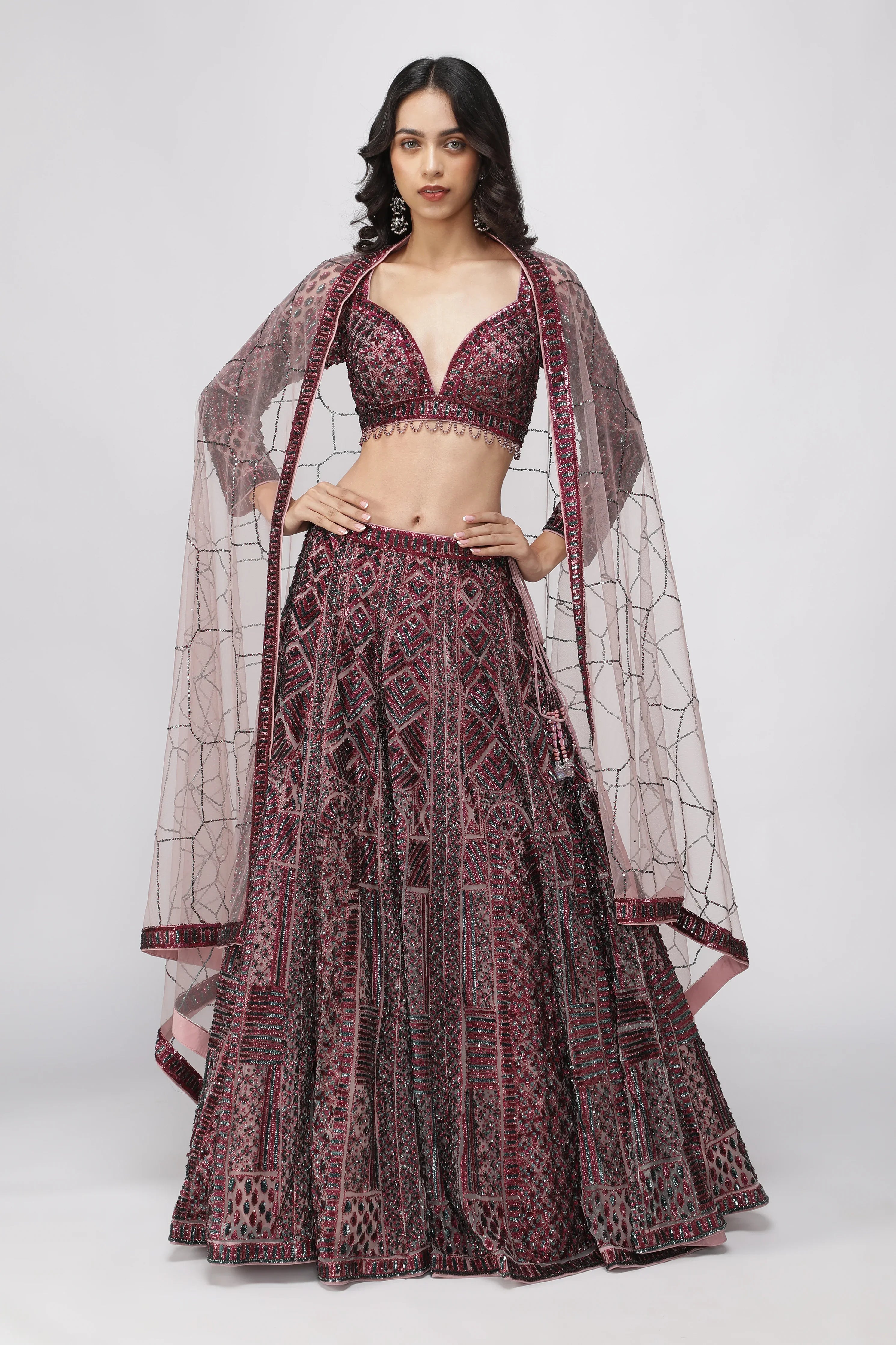 Berry Mauve Net Lehenga Set - Mokshaa
