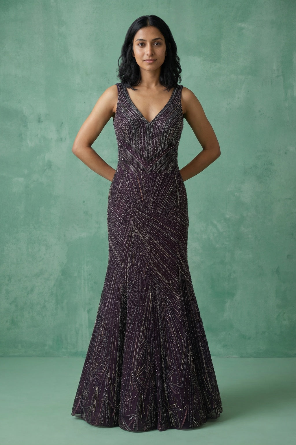Deep Wine Net Mermaid Gown - Mokshaa