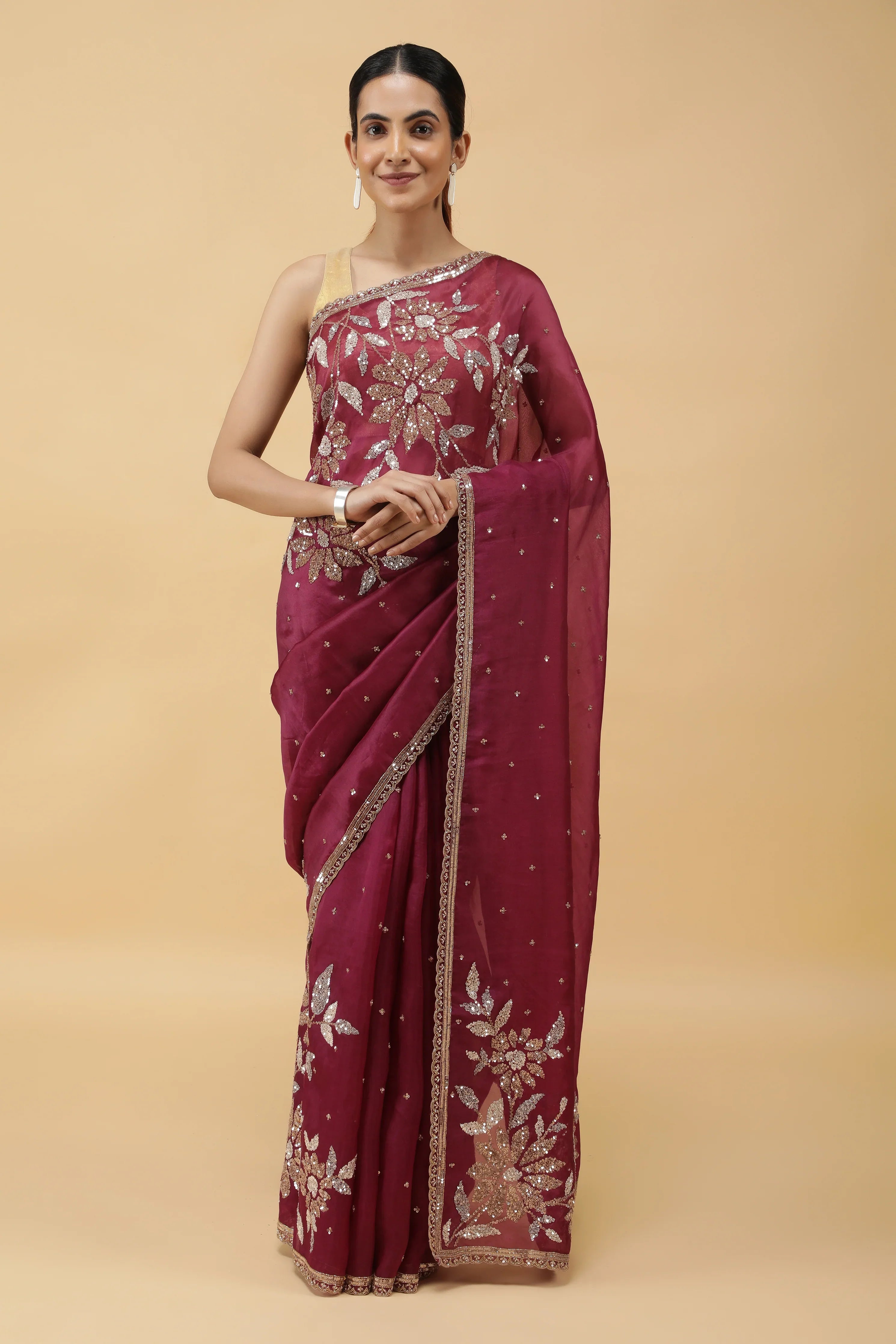 Wine Organza Saree with Silver & Gold Sequin Embroidery - Mokshaa