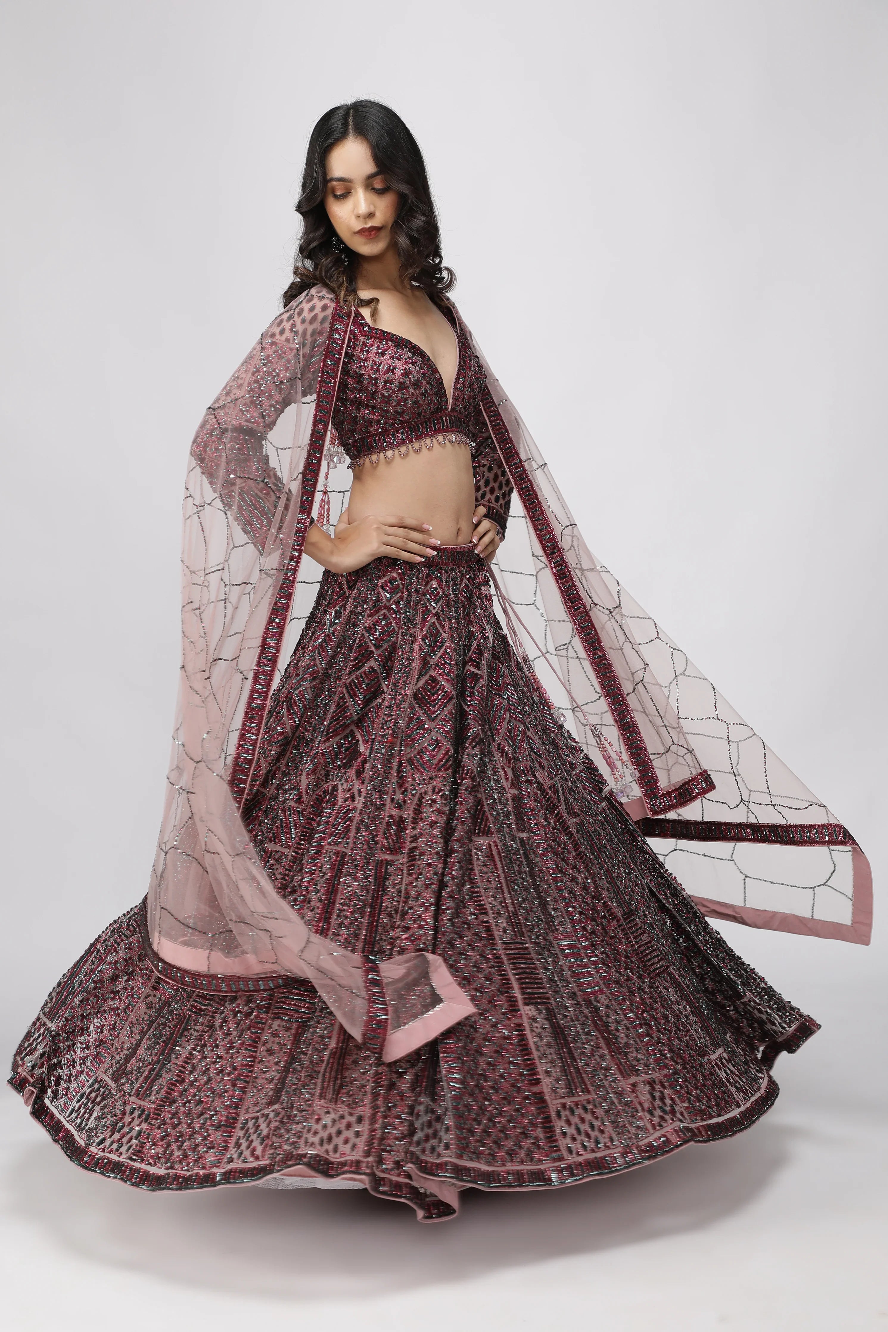 Berry Mauve Net Lehenga Set - Mokshaa