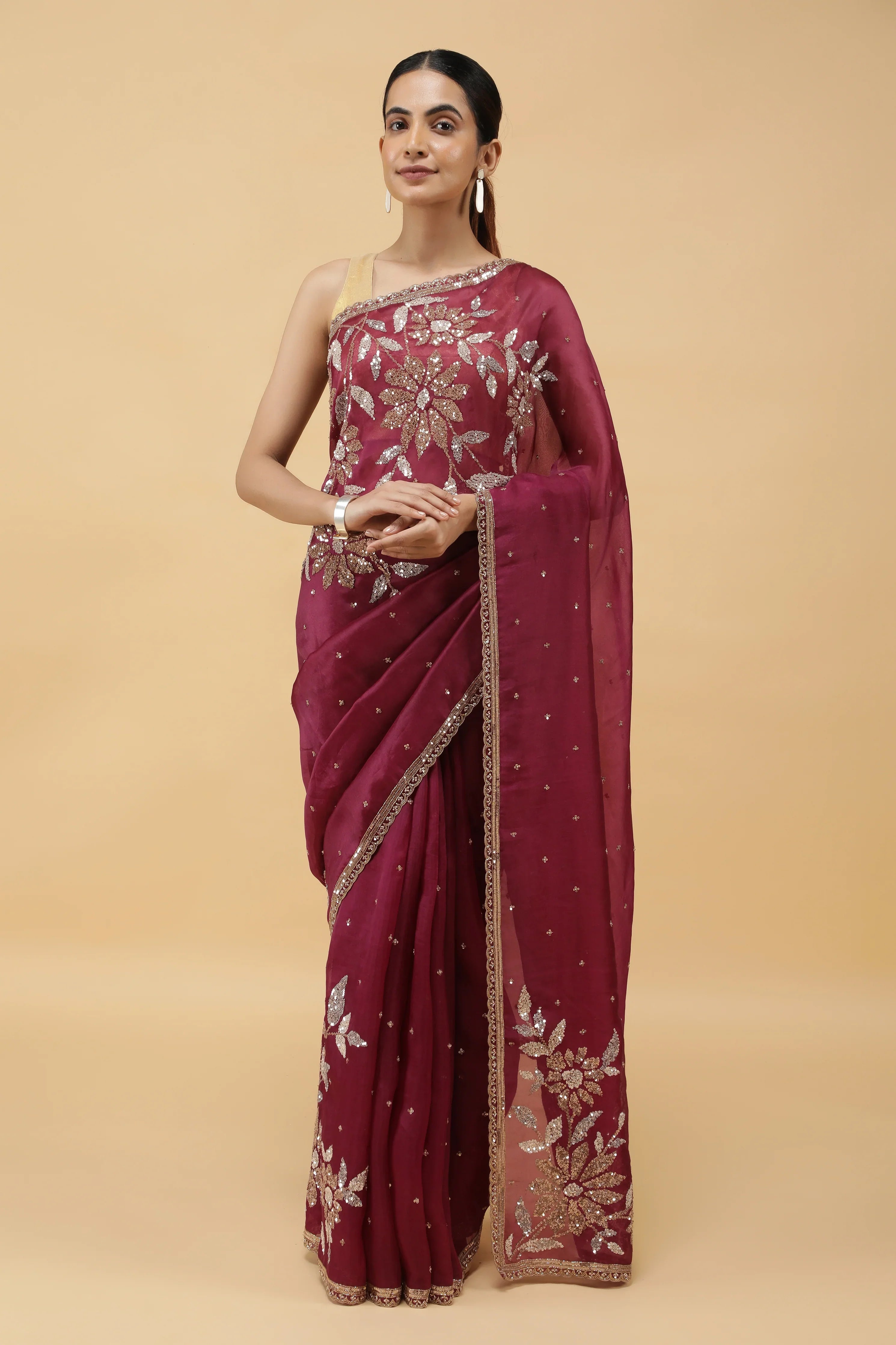 Wine Organza Saree with Silver & Gold Sequin Embroidery - Mokshaa