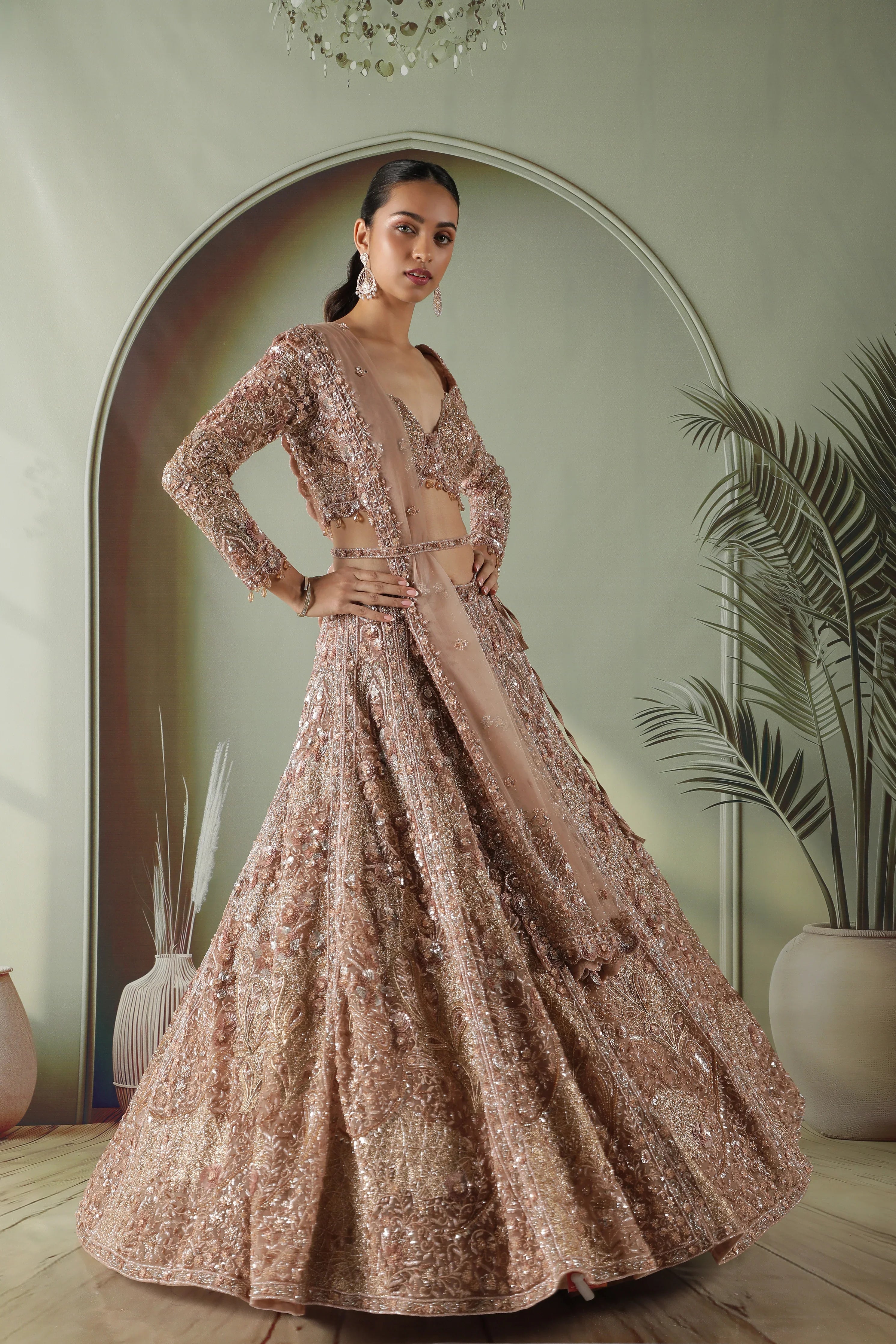 Antique Gold Heavily Embroidered Net Lehenga Set - Mokshaa