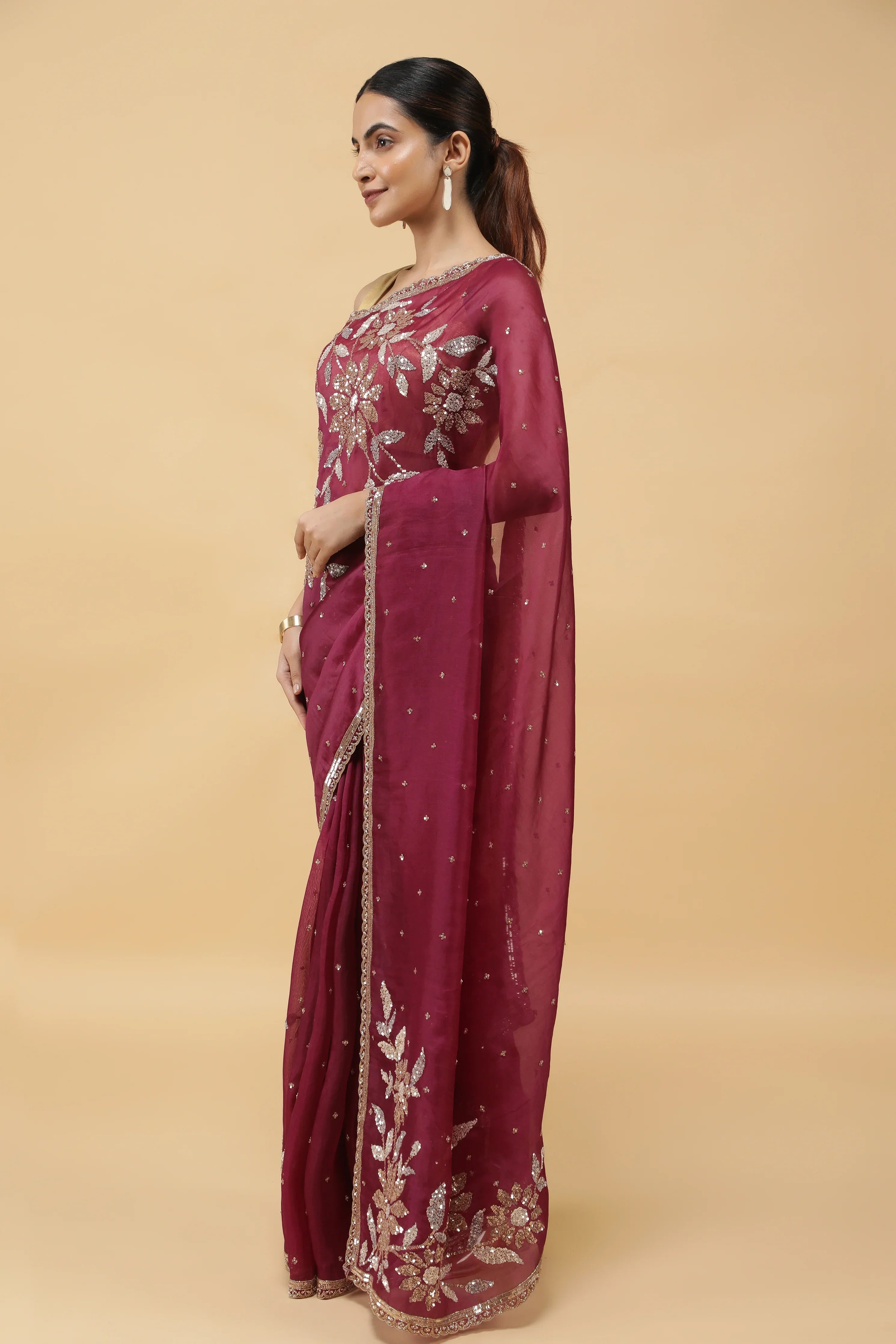 Wine Organza Saree with Silver & Gold Sequin Embroidery - Mokshaa
