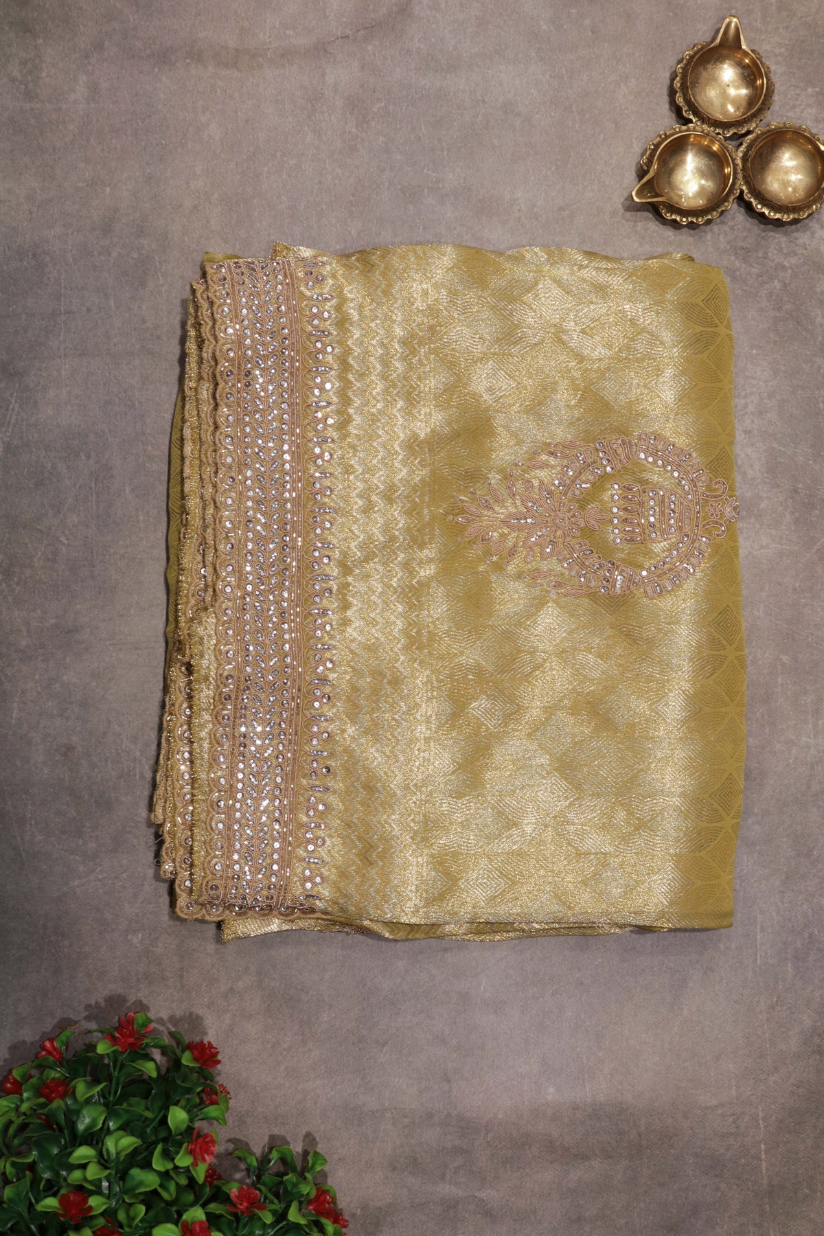 Lime Yellow Zari Weave Saree with Zardosi Work - Mokshaa