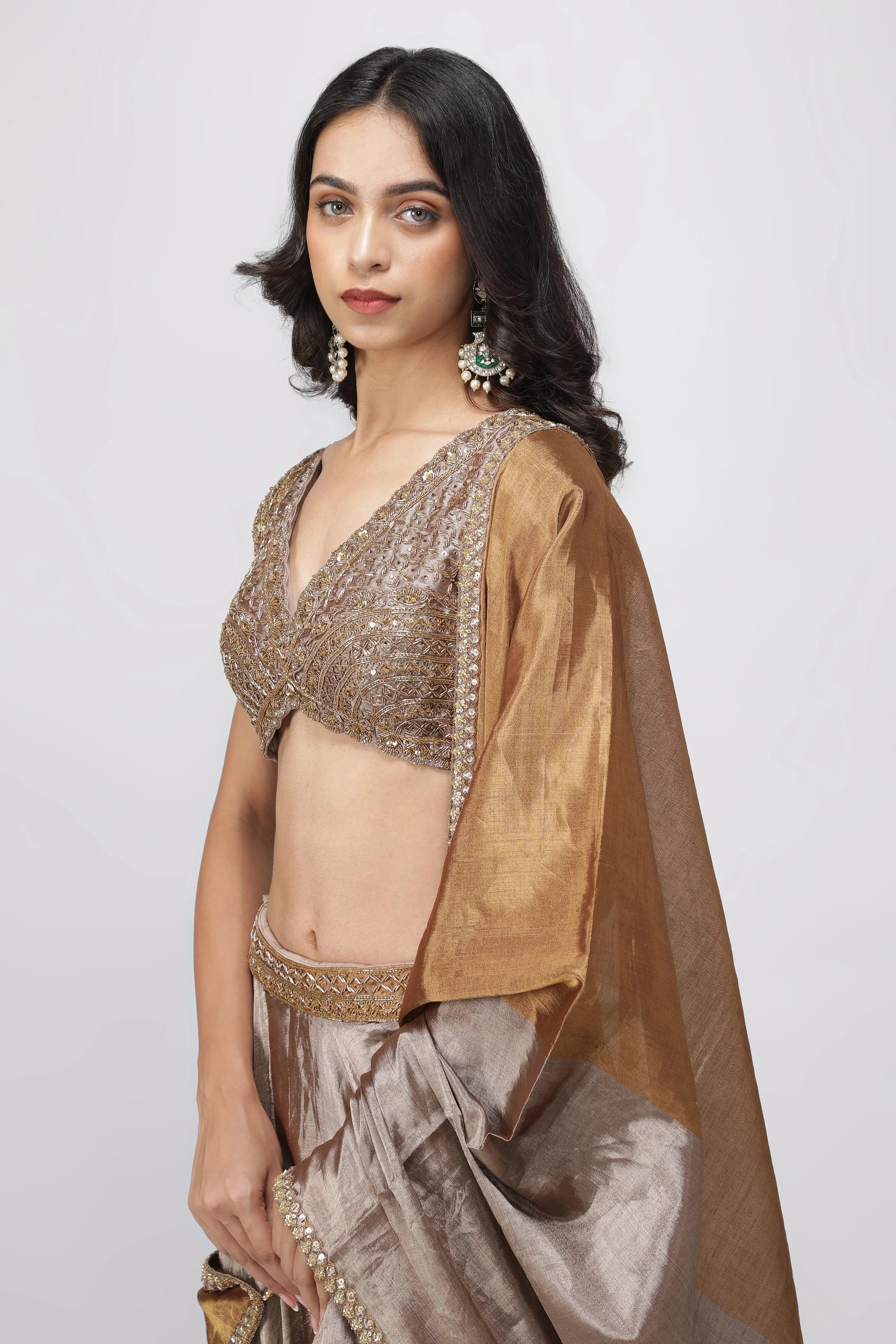 Gold & Silver Tissue Lehenga with Embroidered Blouse - Mokshaa