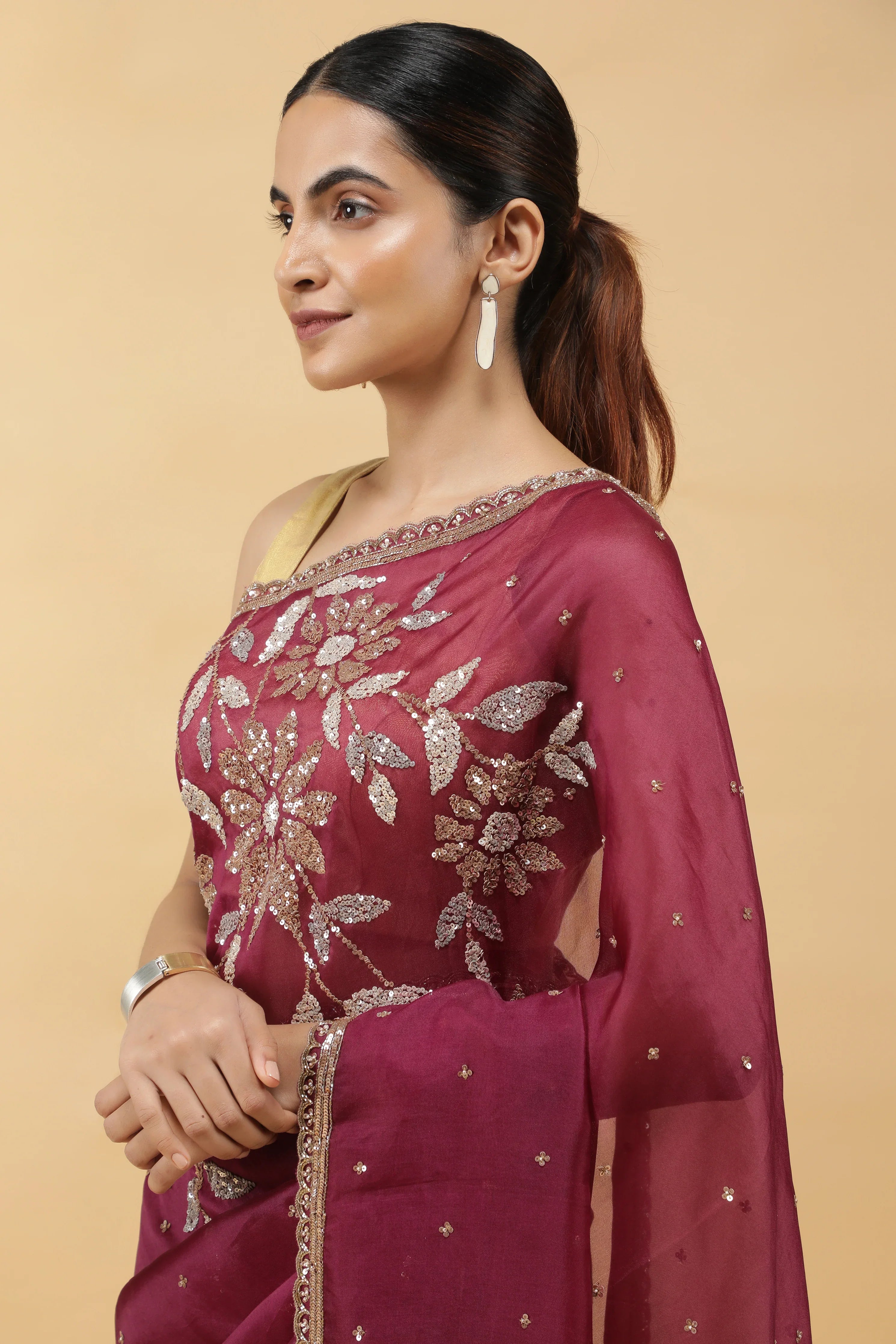Wine Organza Saree with Silver & Gold Sequin Embroidery - Mokshaa