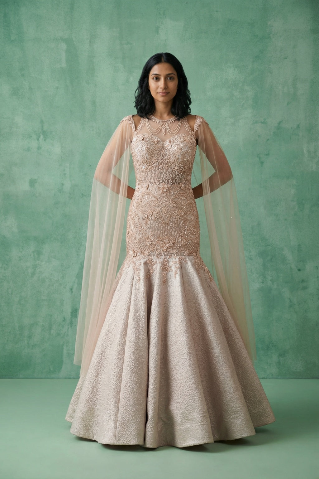 Pink Mermaid Gown with Halter Neck Embellishment - Mokshaa