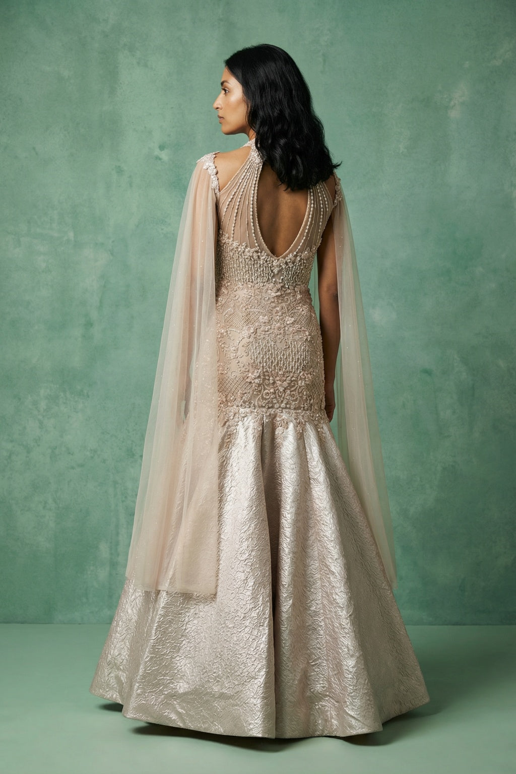 Pink Mermaid Gown with Halter Neck Embellishment - Mokshaa