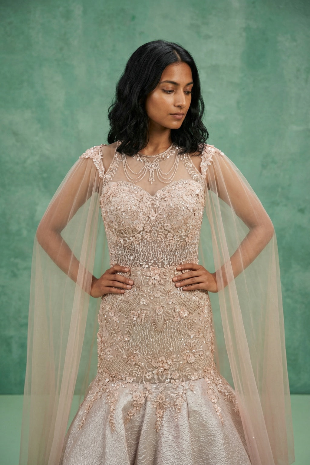 Pink Mermaid Gown with Halter Neck Embellishment - Mokshaa