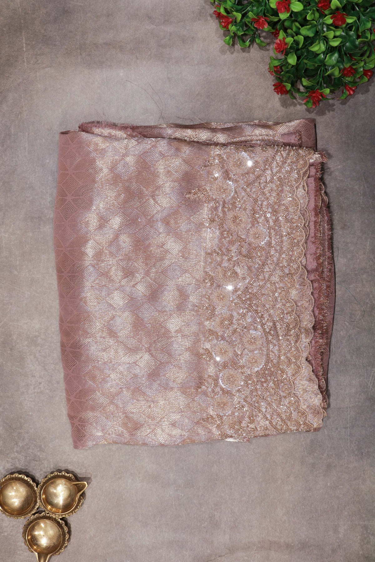 Peach Zari Weave Saree with Scalloped Border - Mokshaa