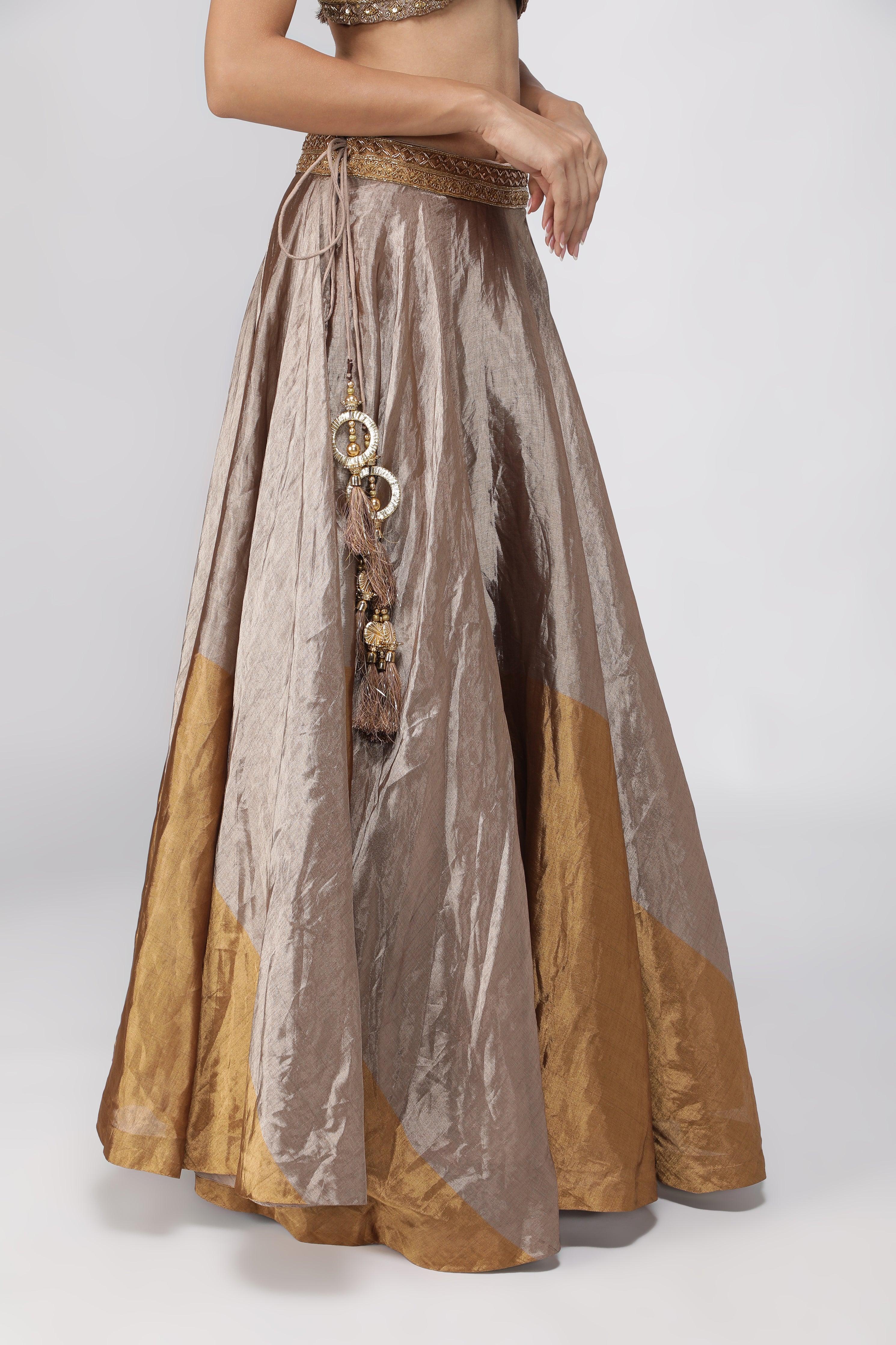Gold & Silver Tissue Lehenga with Embroidered Blouse - Mokshaa