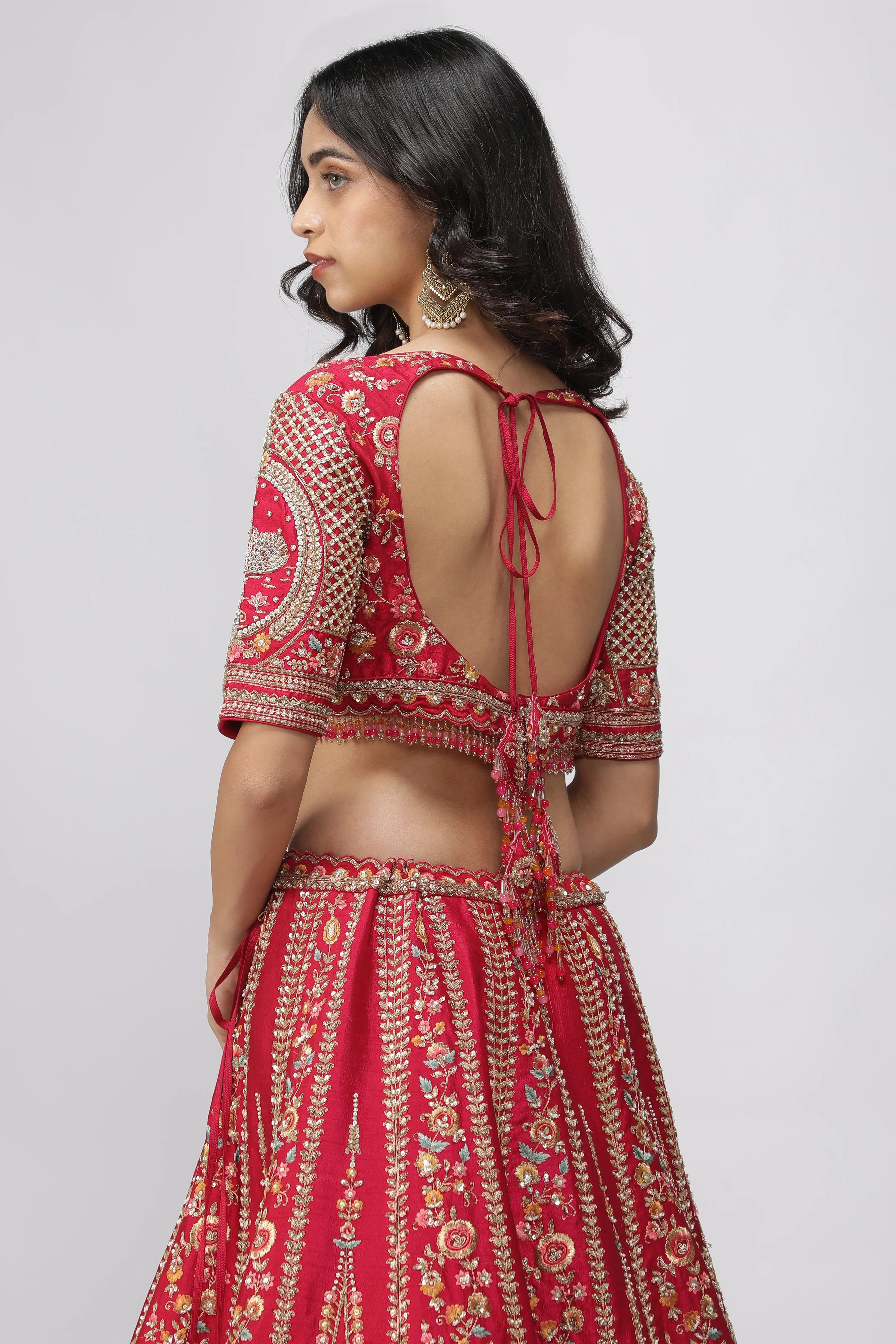 Red Raw Silk Bridal Lehenga Set - Mokshaa