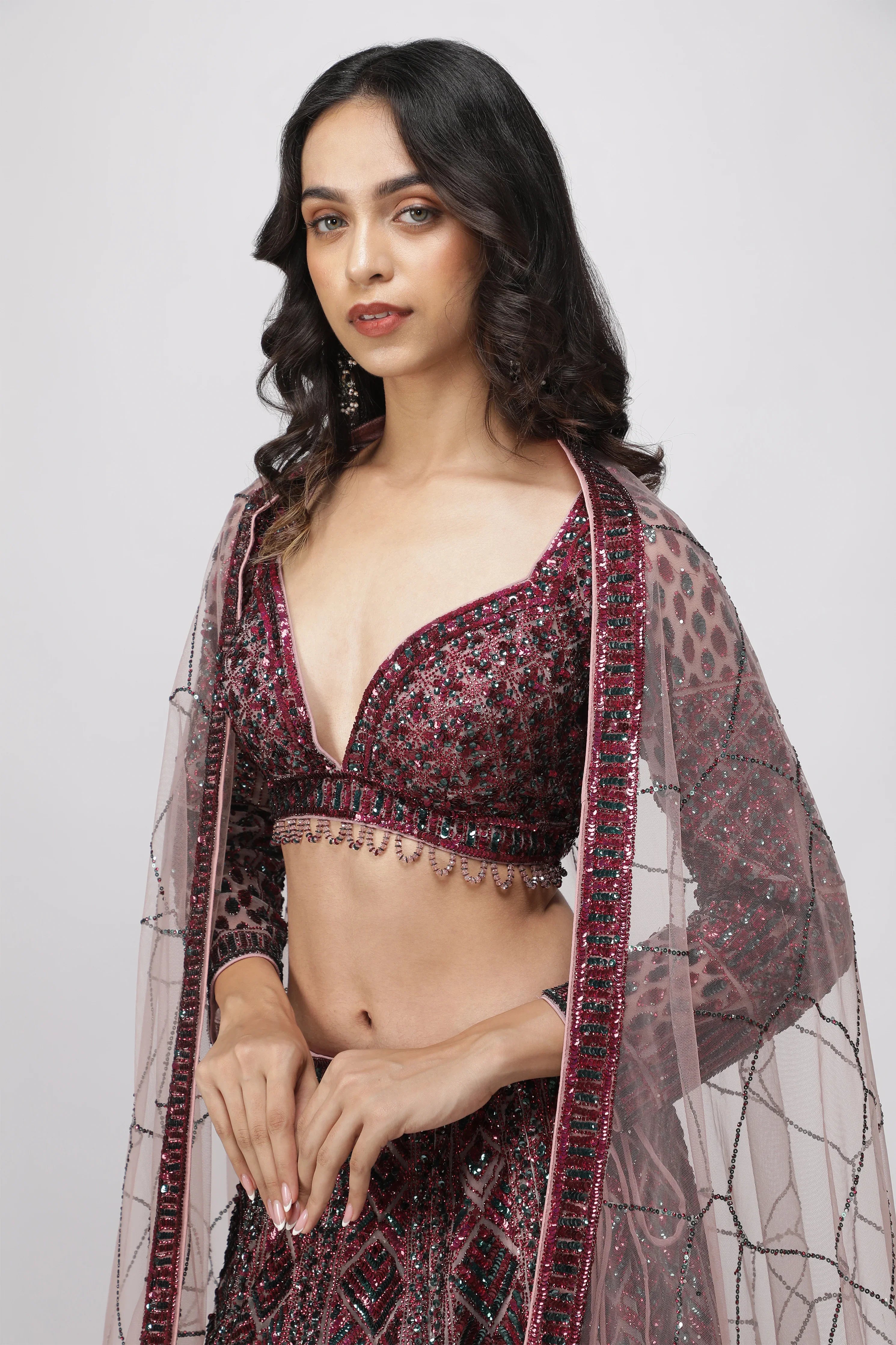 Berry Mauve Net Lehenga Set - Mokshaa