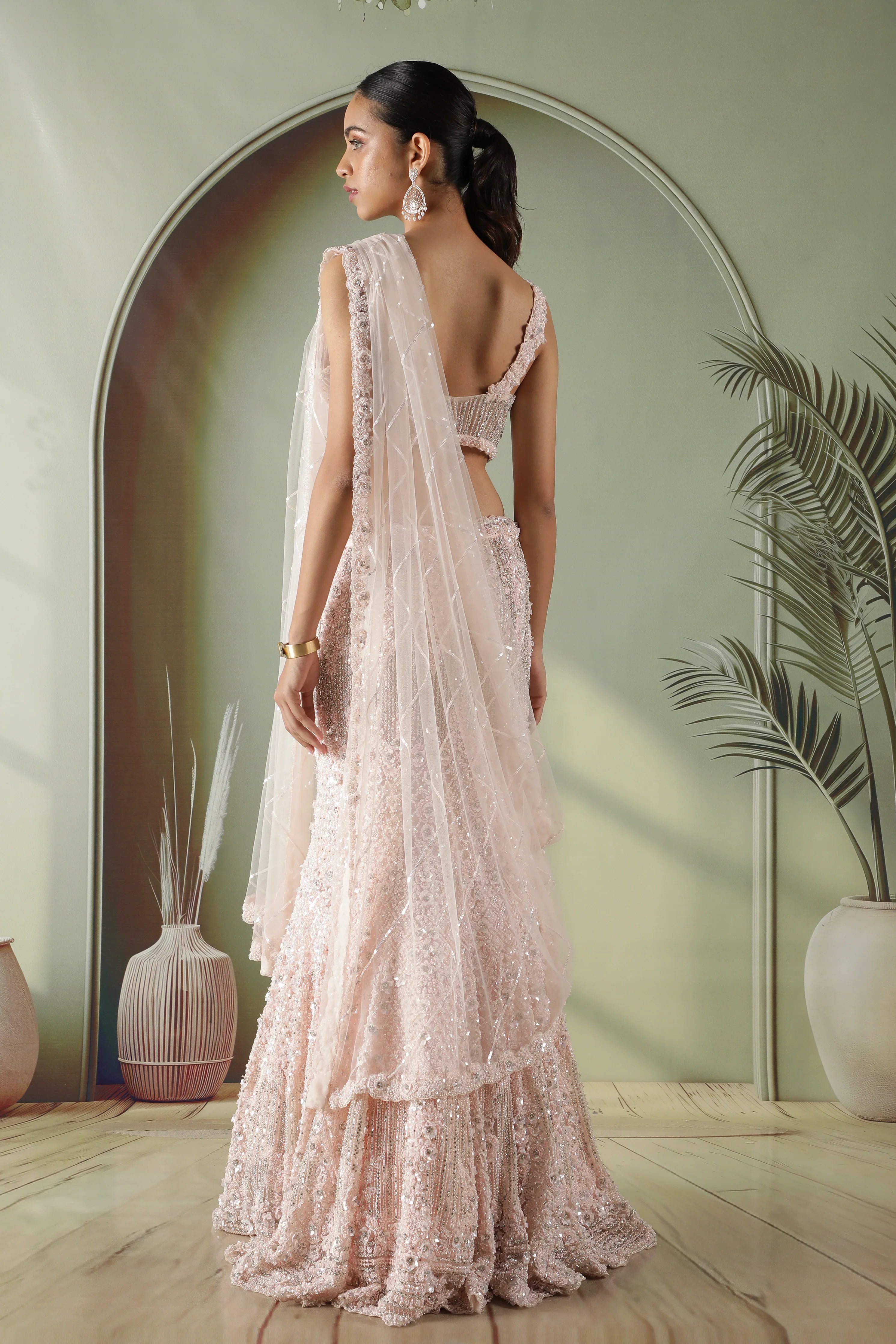 Blush Pink Sequin & Pearl Embellished Mermaid Lehenga Set - Mokshaa