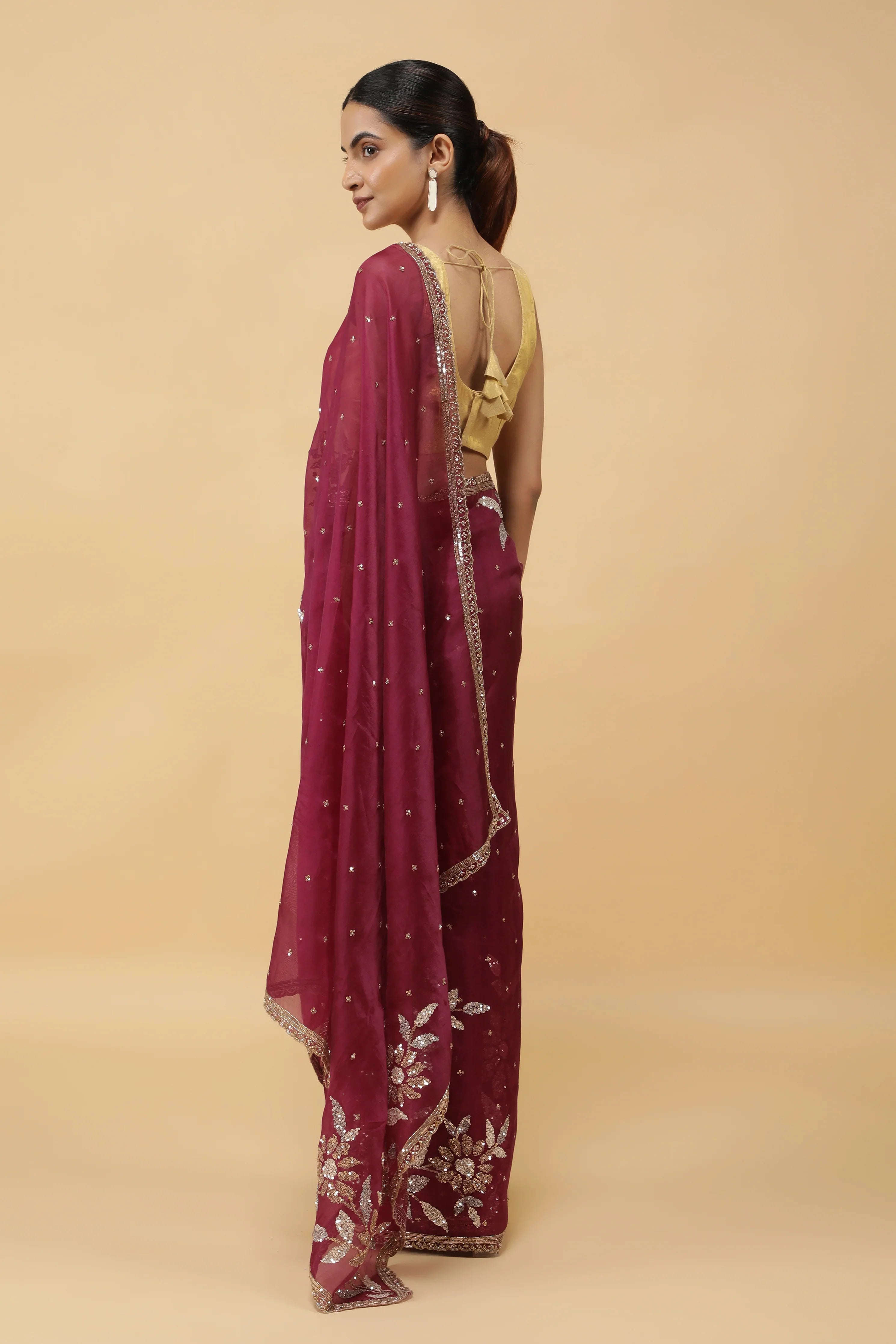 Wine Organza Saree with Silver & Gold Sequin Embroidery - Mokshaa