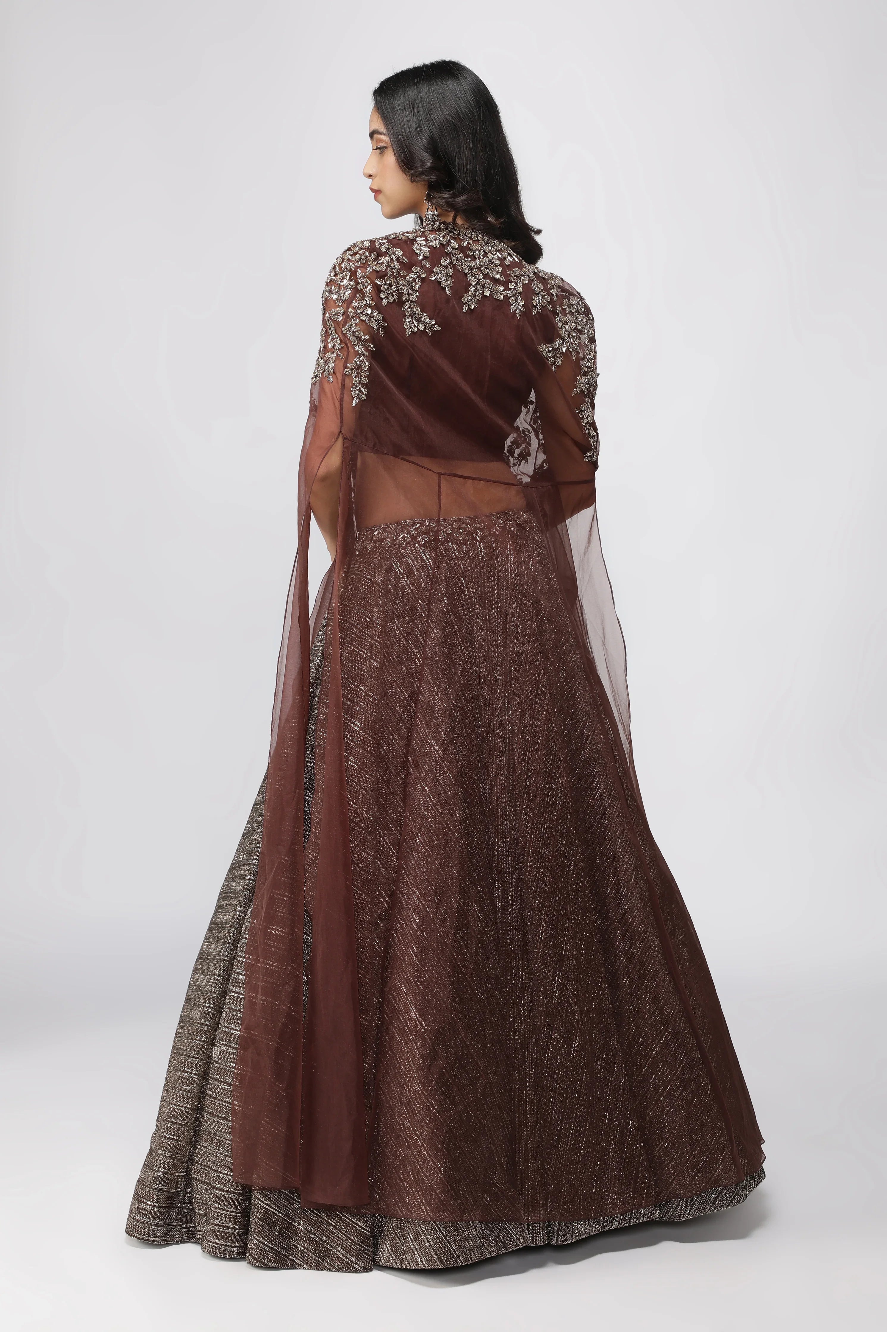 Coffee Brown Jacket Lehenga with Metallic Pearl Embroidery - Mokshaa