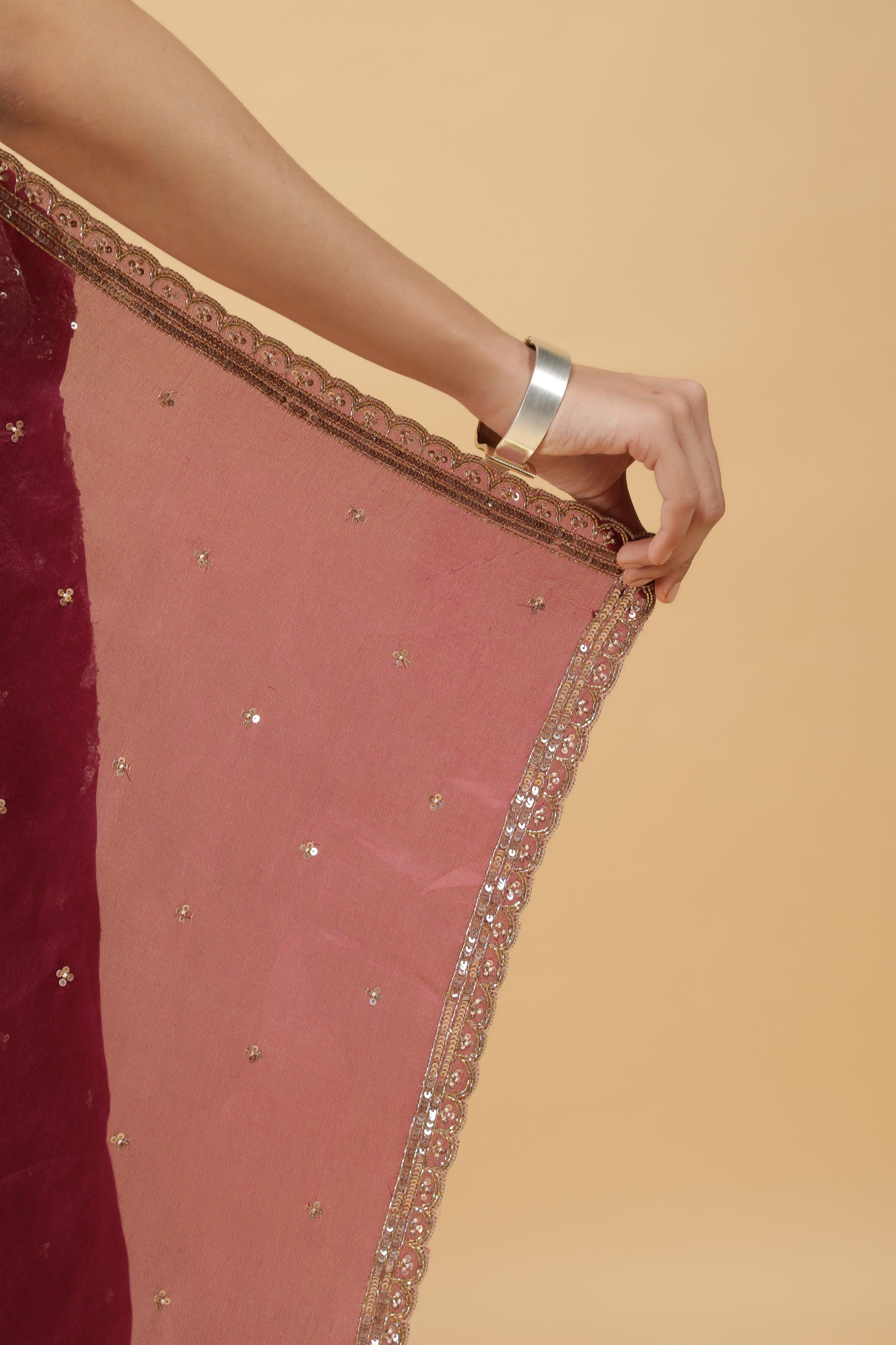 Wine Organza Saree with Silver & Gold Sequin Embroidery - Mokshaa