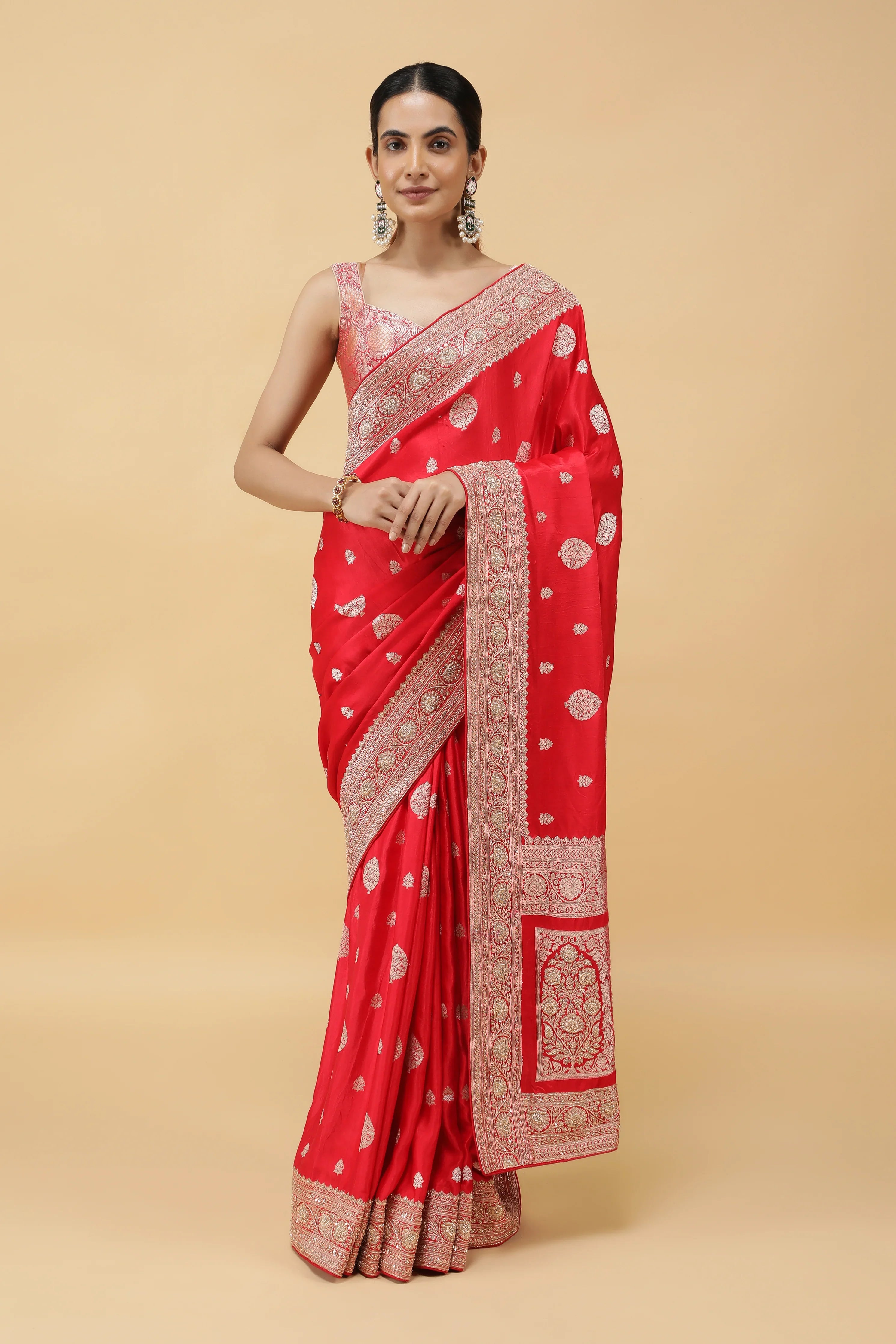 Red Banarasi Mashroom Silk Saree with Zari & Jardhosi Border - Mokshaa