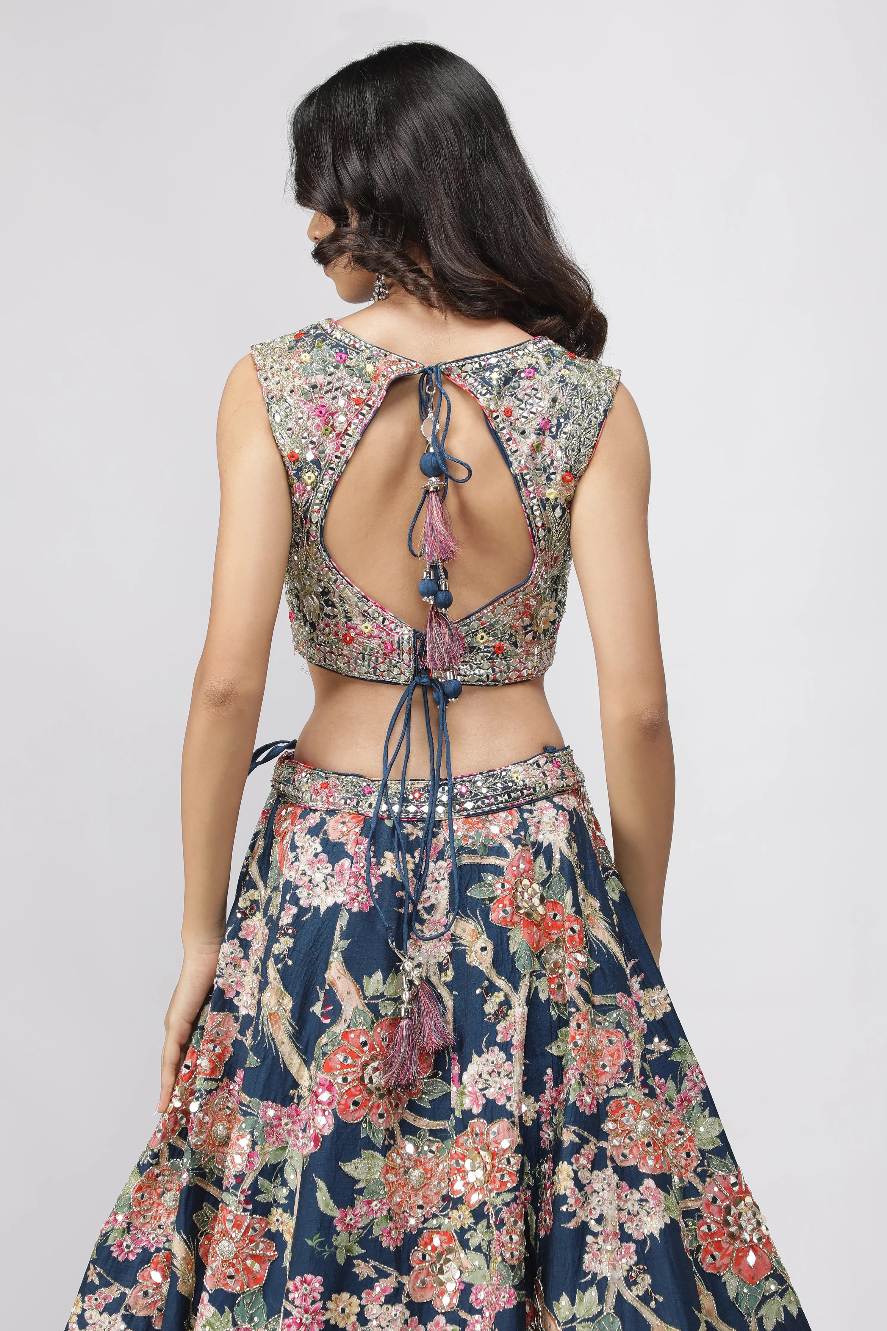 Navy Blue Silk Printed Lehenga Set - Mokshaa