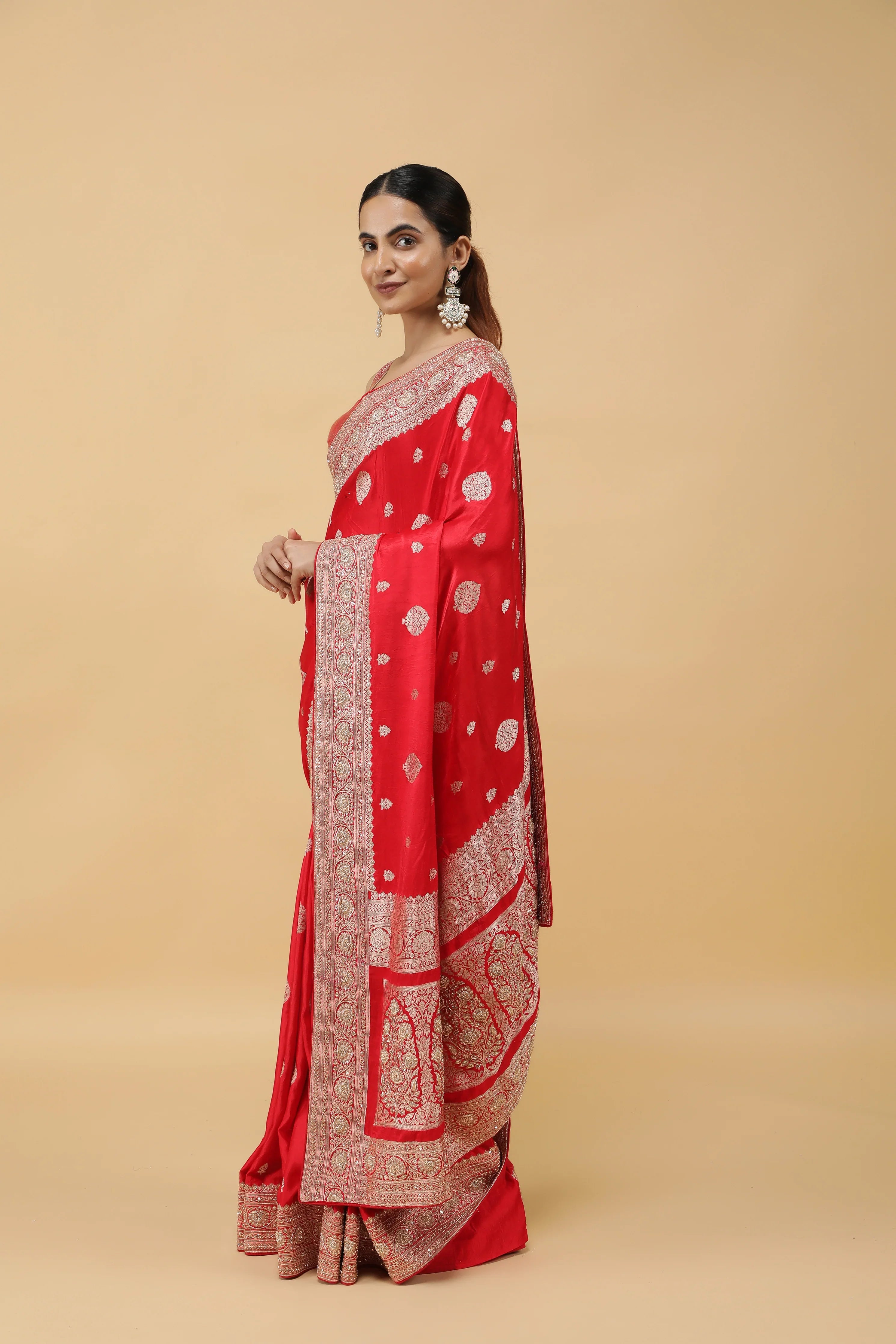 Red Banarasi Mashroom Silk Saree with Zari & Jardhosi Border - Mokshaa