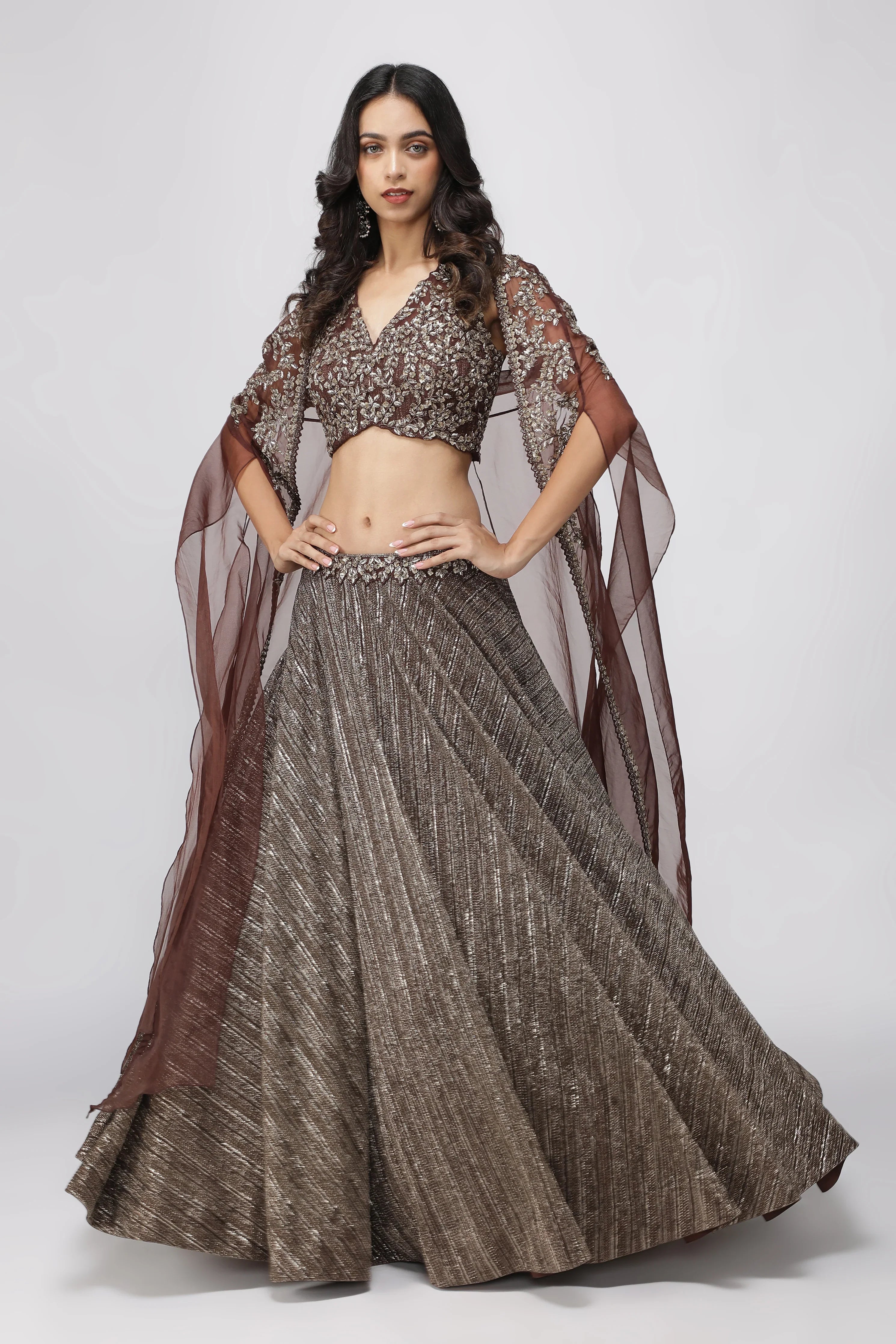 Coffee Brown Jacket Lehenga with Metallic Pearl Embroidery - Mokshaa