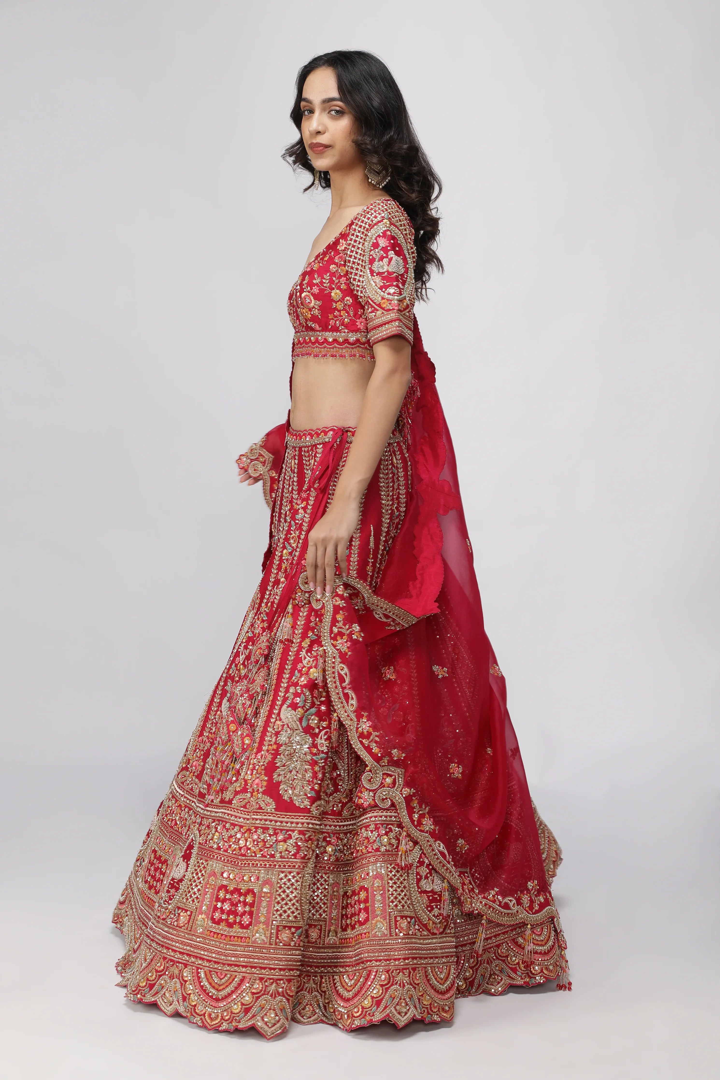 Red Raw Silk Bridal Lehenga Set - Mokshaa