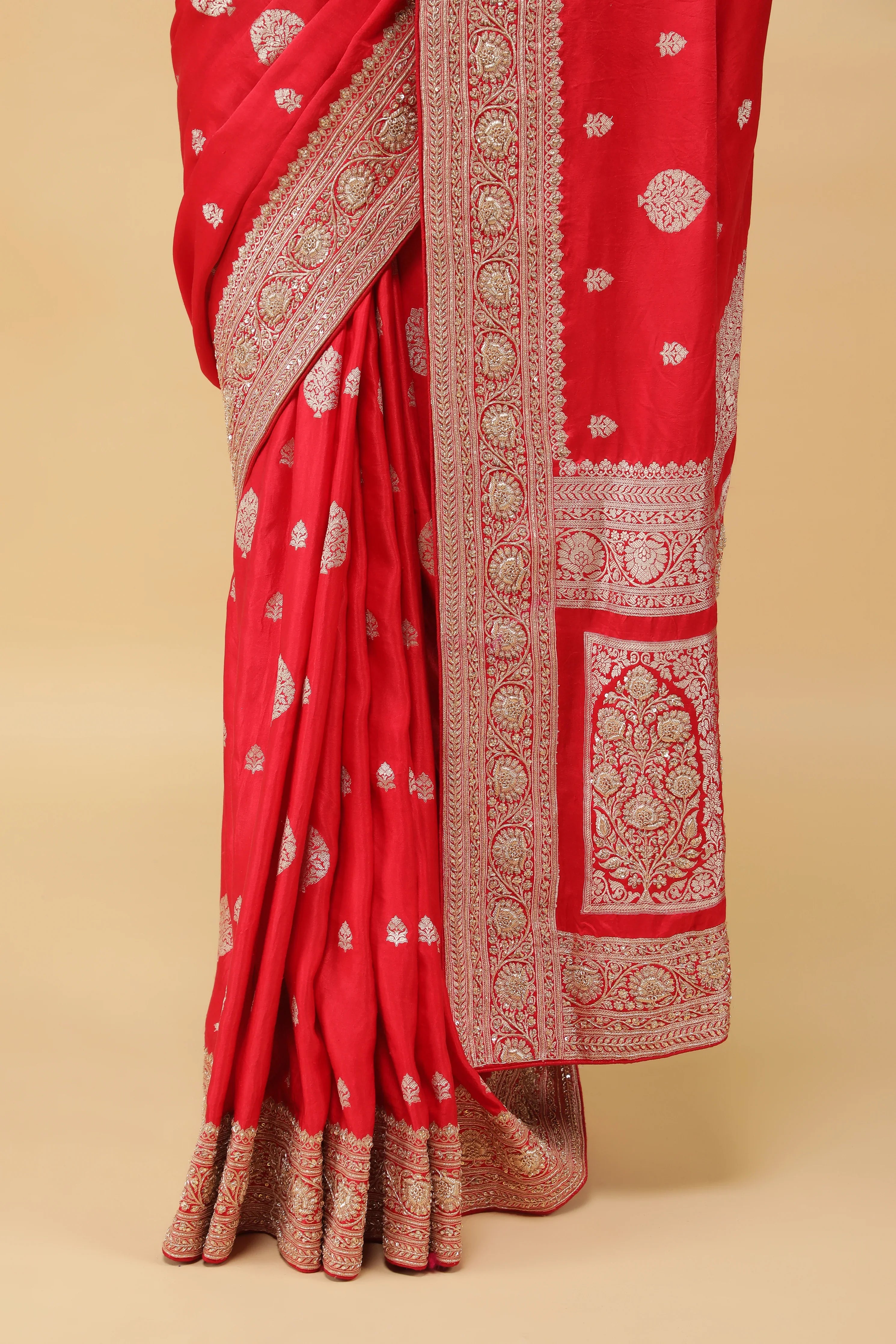 Red Banarasi Mashroom Silk Saree with Zari & Jardhosi Border - Mokshaa
