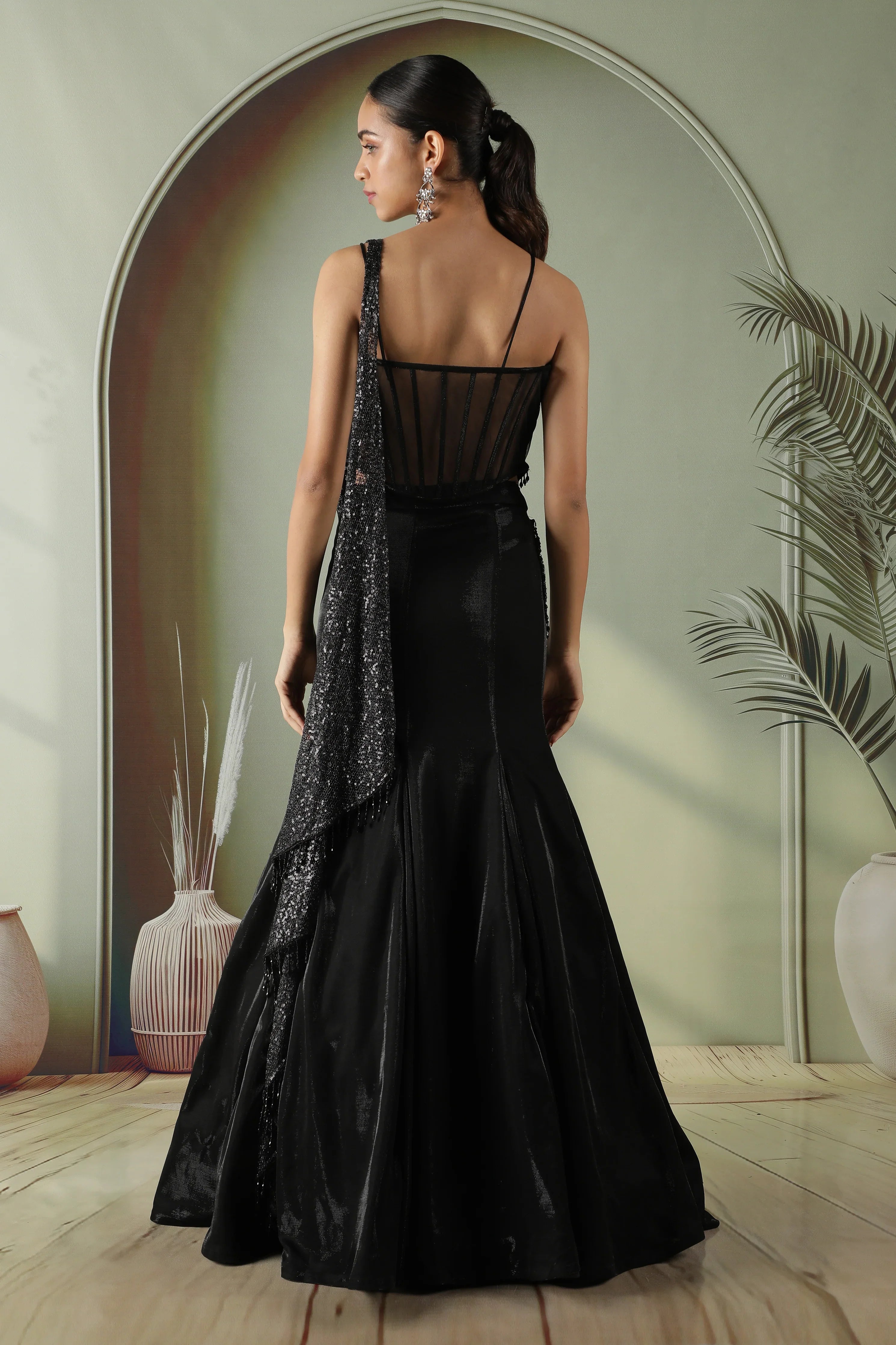 Black Net Corset Blouse with Fish Cut Lehenga - Mokshaa