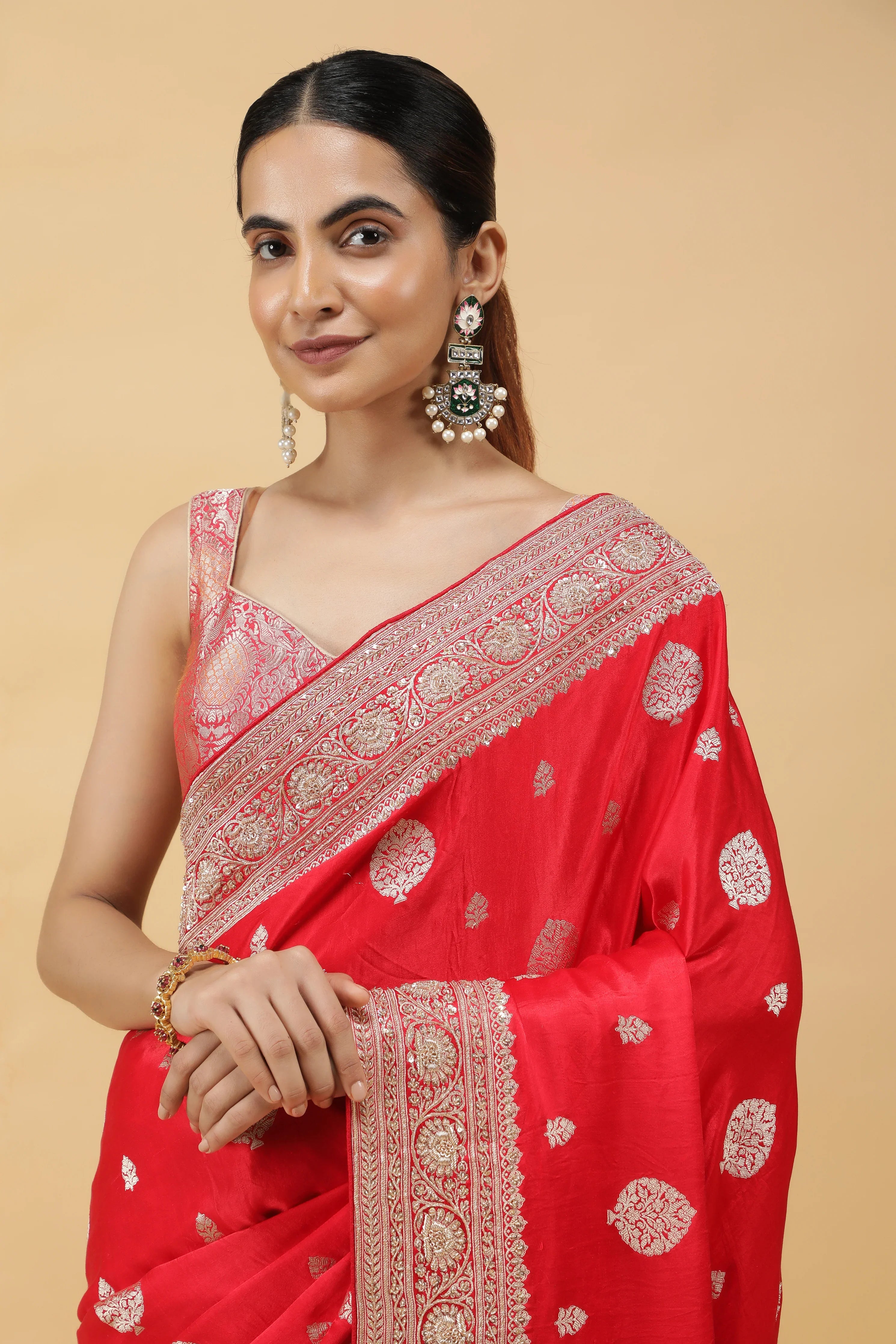 Red Banarasi Mashroom Silk Saree with Zari & Jardhosi Border - Mokshaa