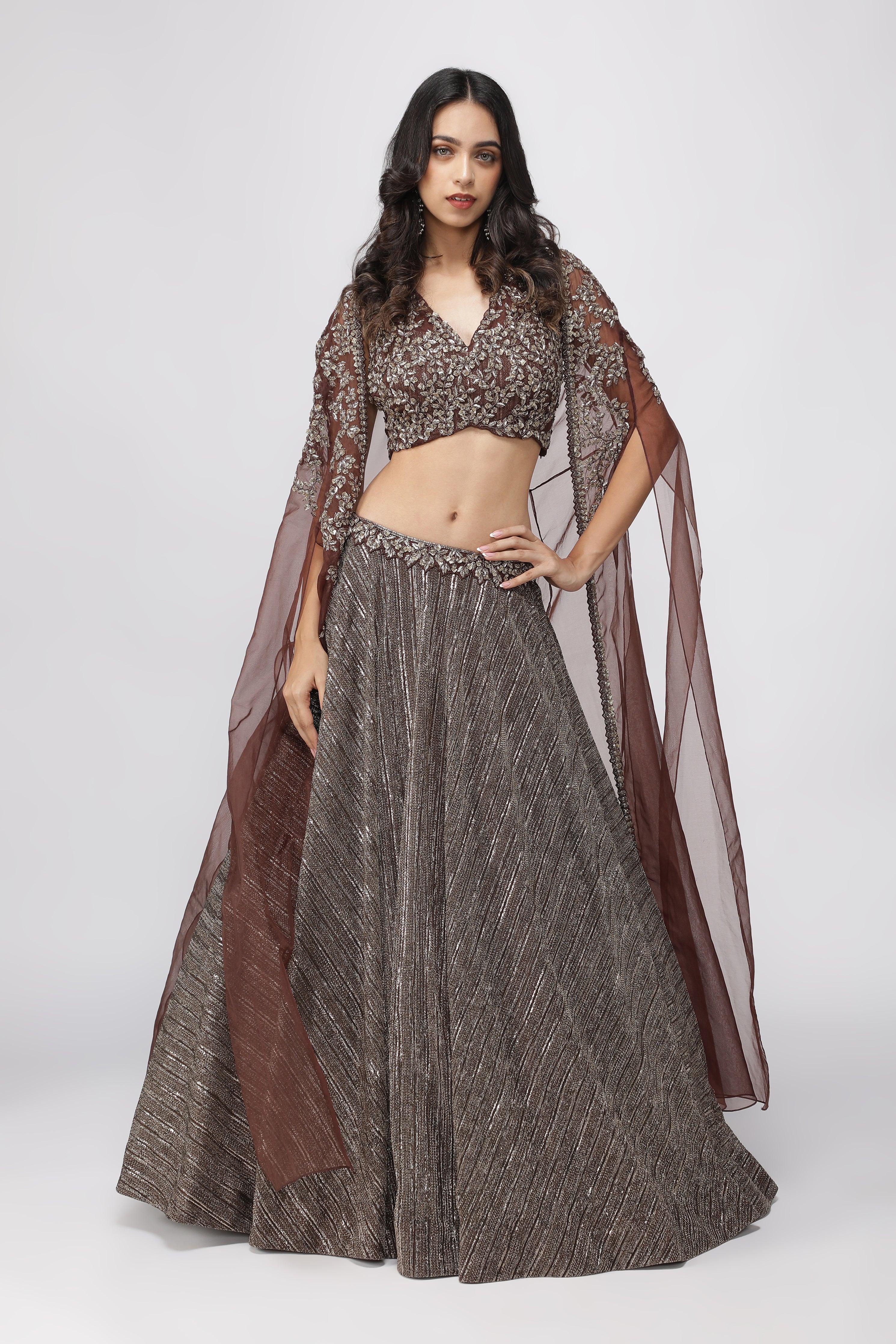 Coffee Brown Jacket Lehenga with Metallic Pearl Embroidery - Mokshaa
