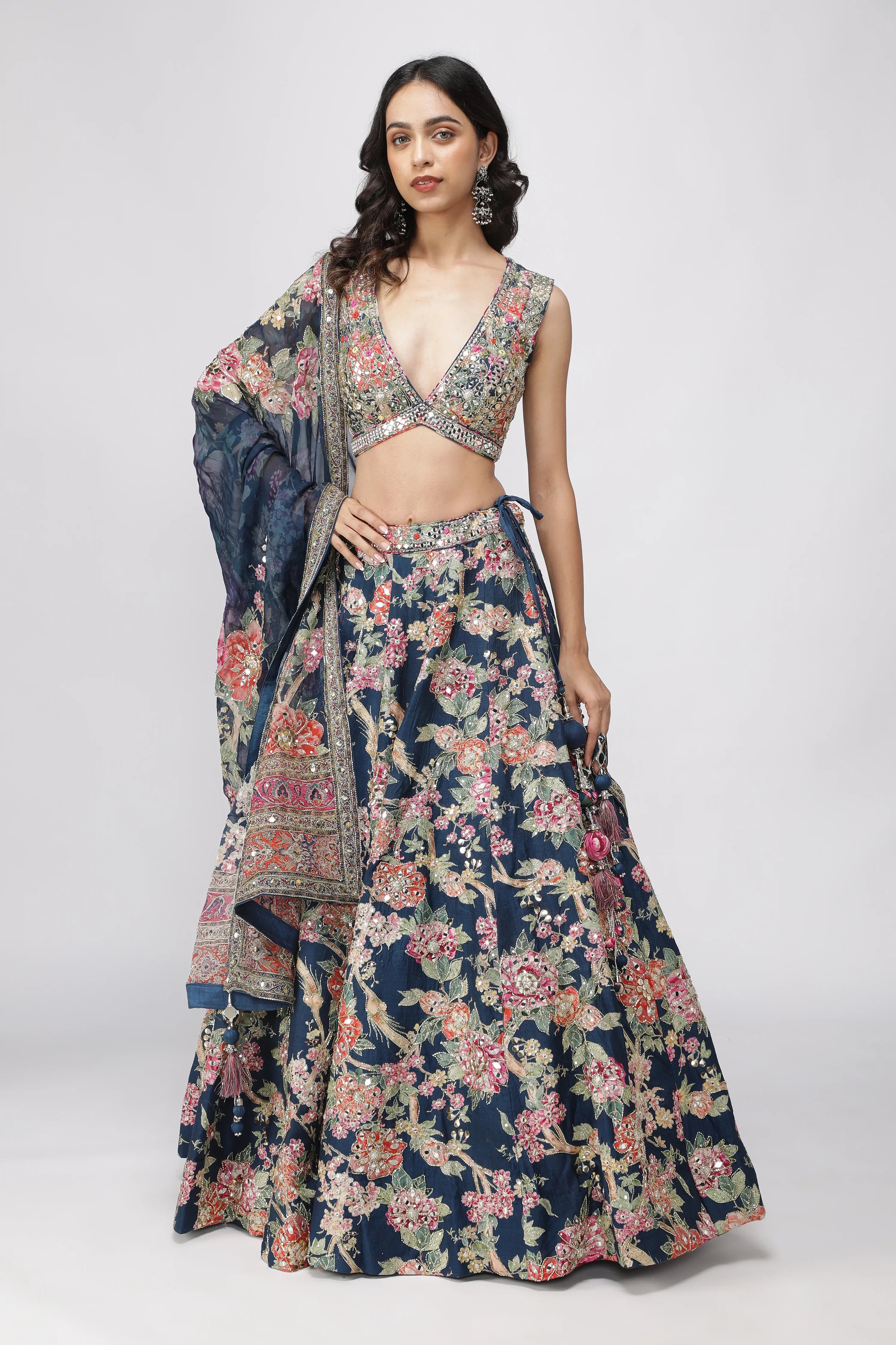 Navy Blue Silk Printed Lehenga Set - Mokshaa