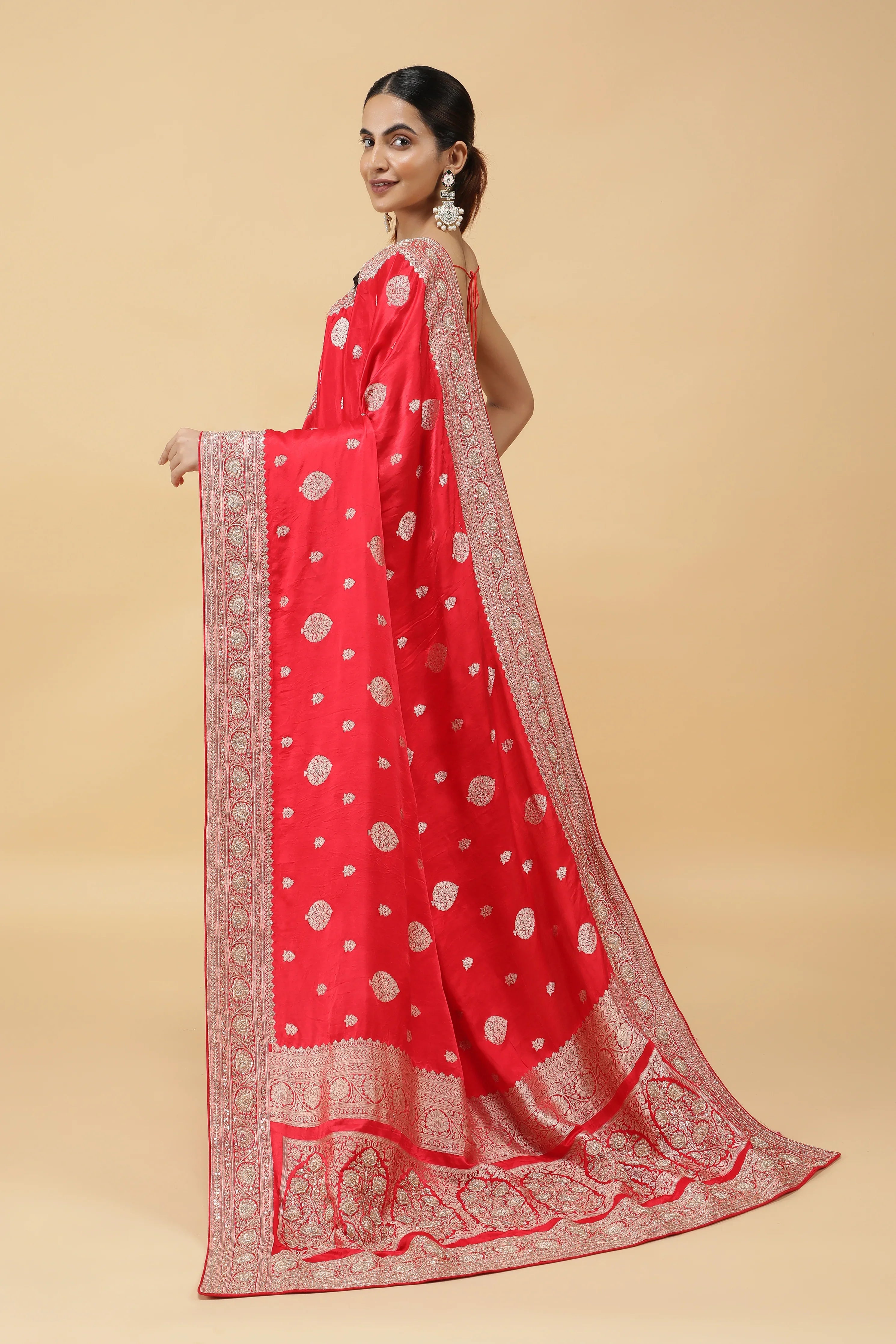 Red Banarasi Mashroom Silk Saree with Zari & Jardhosi Border - Mokshaa