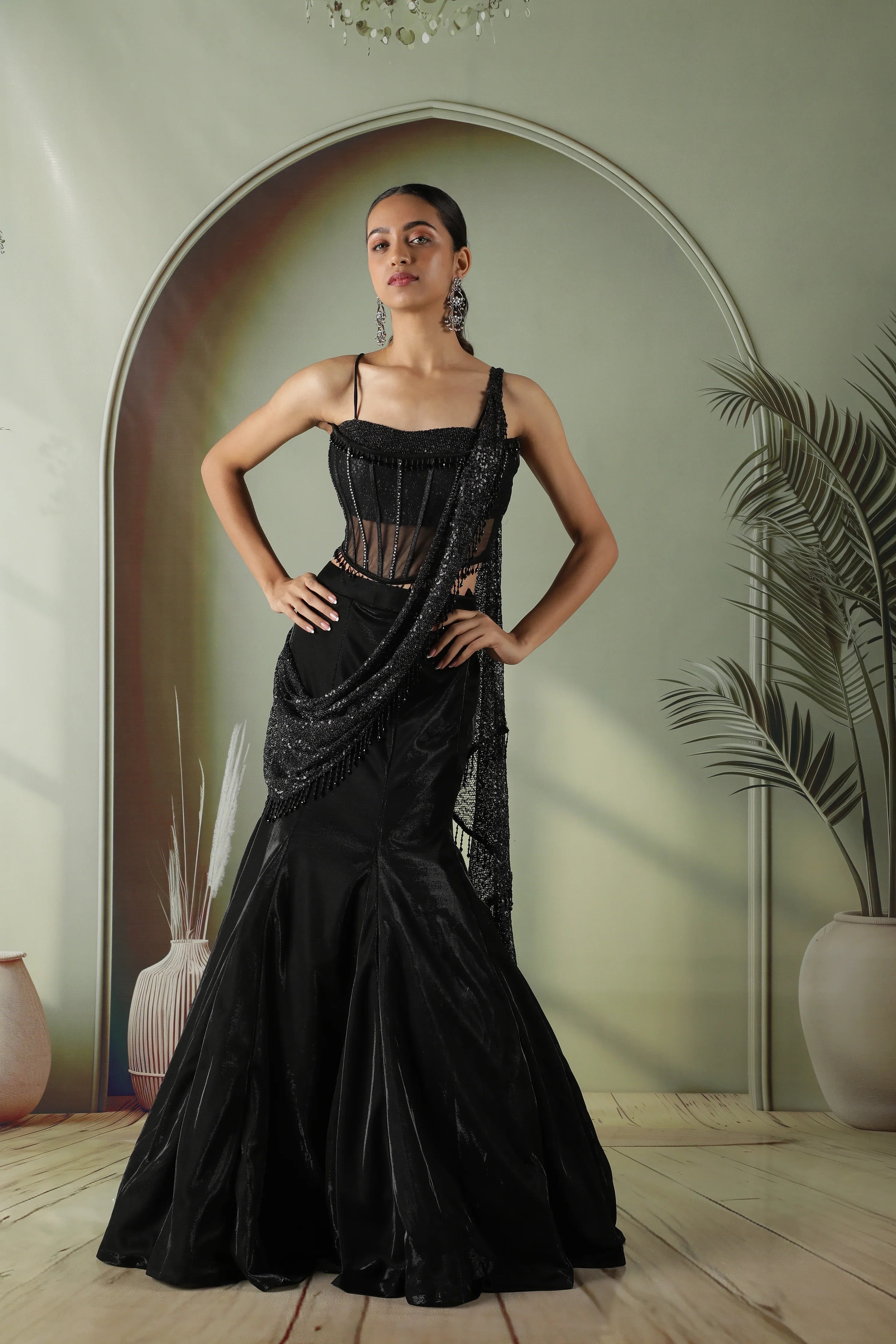 Black Net Corset Blouse with Fish Cut Lehenga - Mokshaa