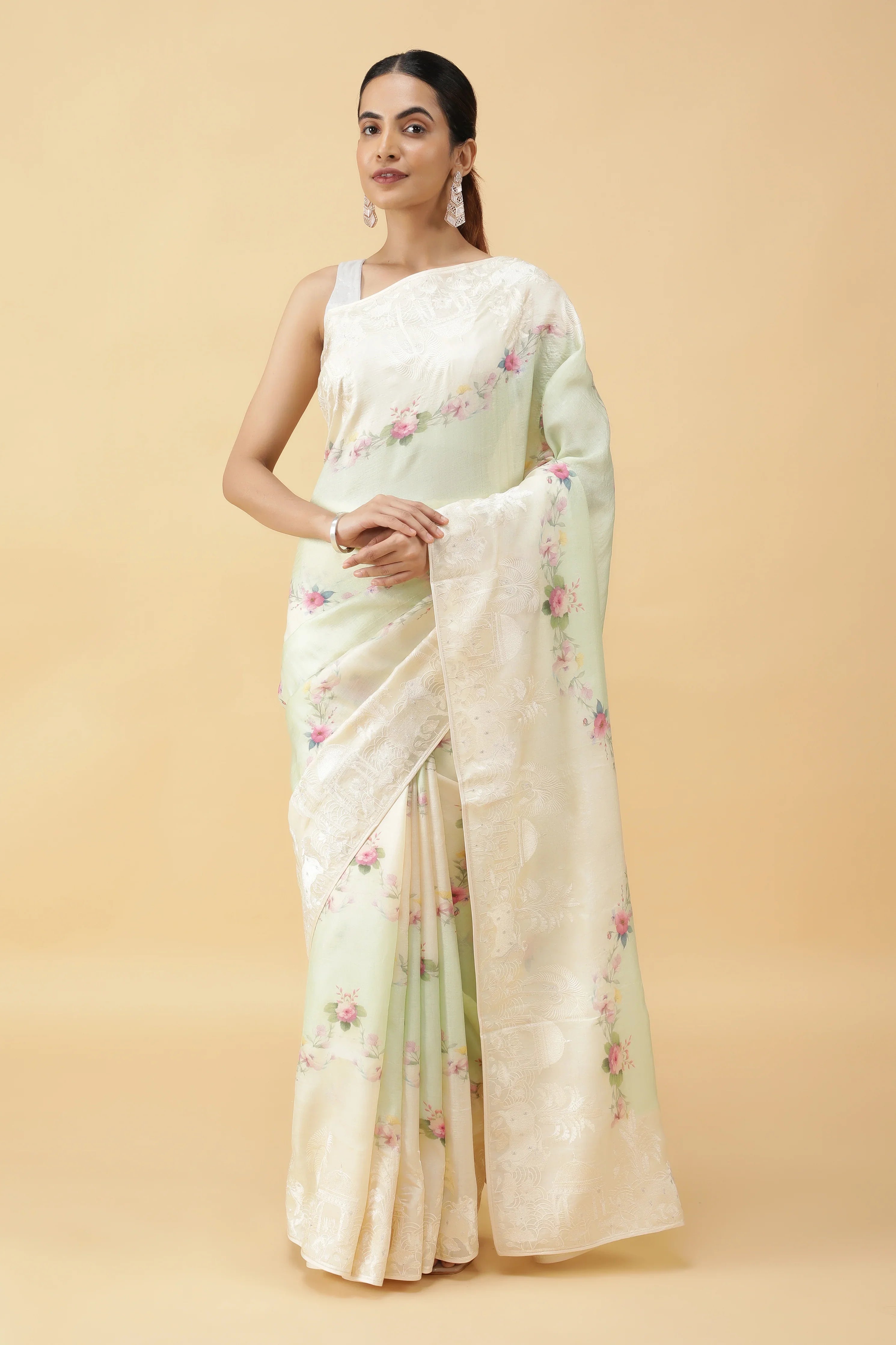 Light Green Tussar Silk Saree with Floral Print - Mokshaa