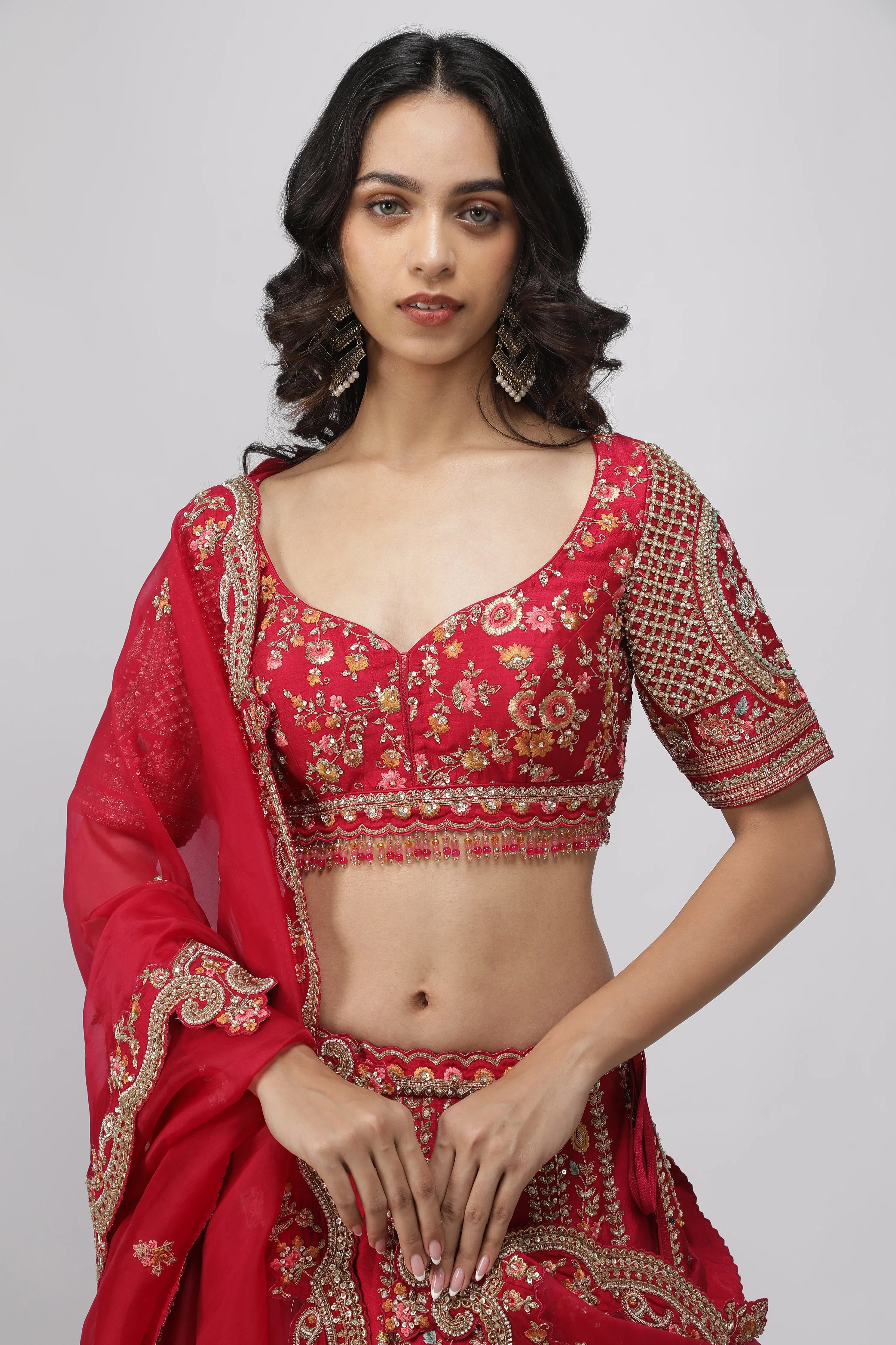 Red Raw Silk Bridal Lehenga Set - Mokshaa