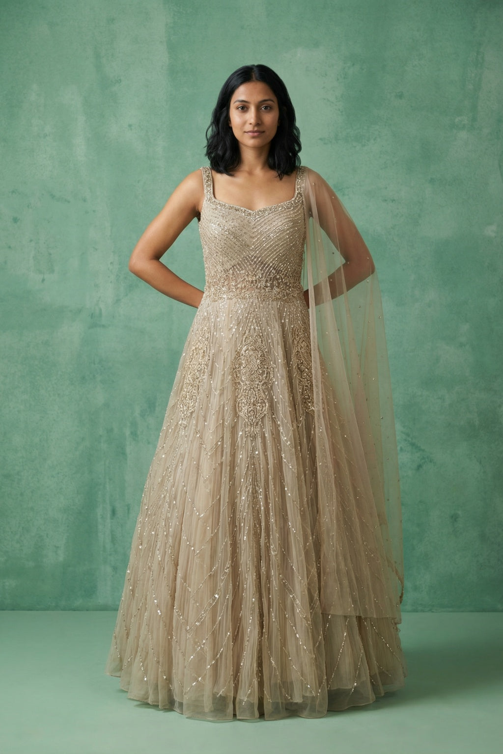 Champagne Beaded Gown with Sheer Drape - Mokshaa
