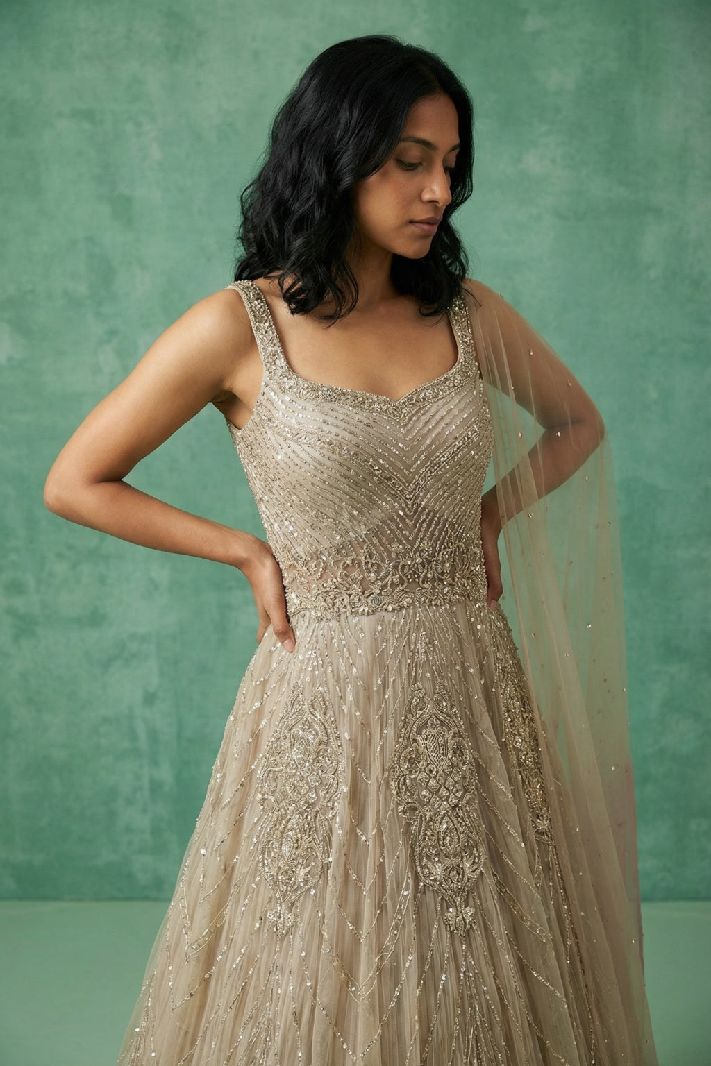 Champagne Beaded Gown with Sheer Drape - Mokshaa